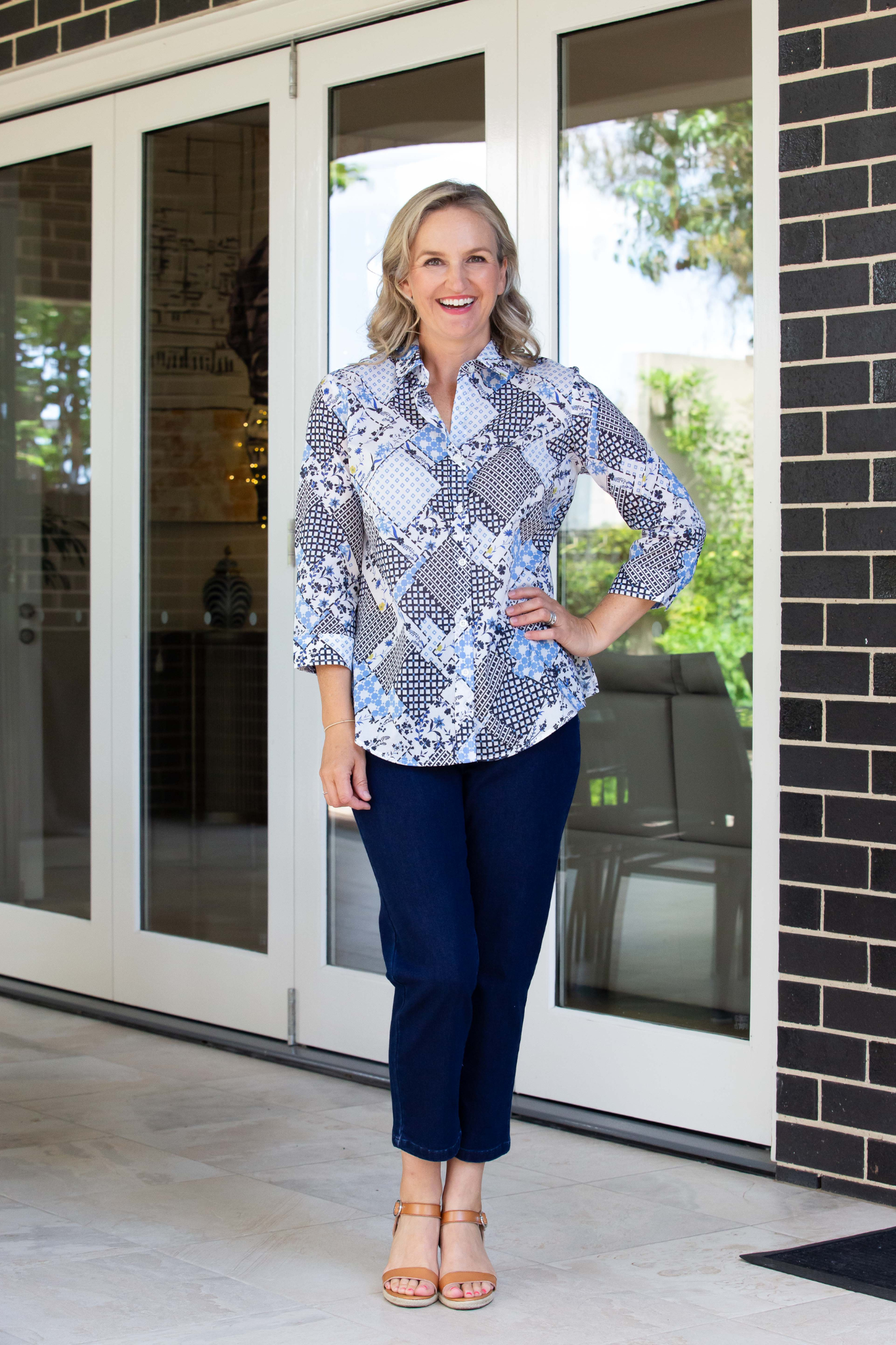 Abstract patchwork print Semi-Fitted 3/4 sleeve shirt #3612 - Patchwork