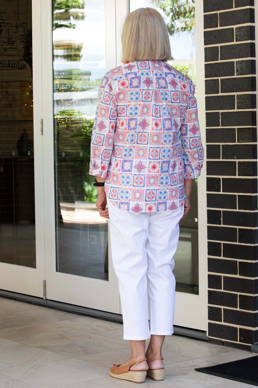 Moroccan Tile print 3/4 sleeve shirt #3205 - Blue