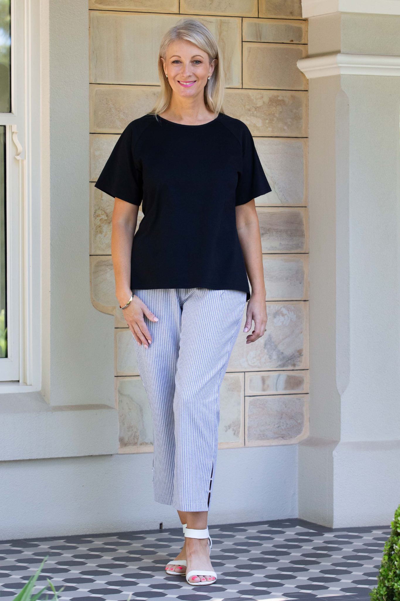 Drawstring Stripe Pant with Side Seam Hem Tab Detail #6530 - Black
