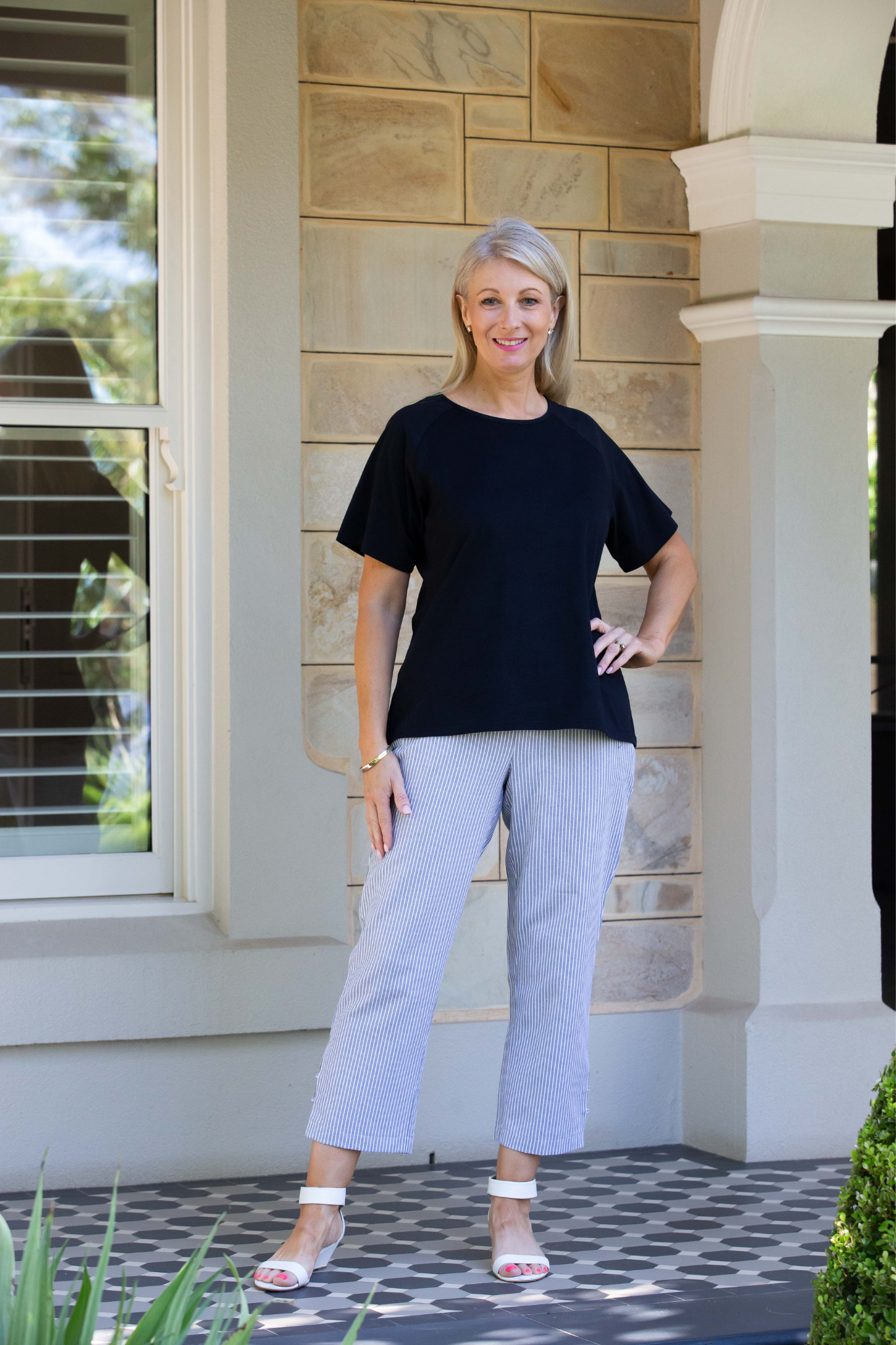 Drawstring Stripe Pant with Side Seam Hem Tab Detail #6530 - Black