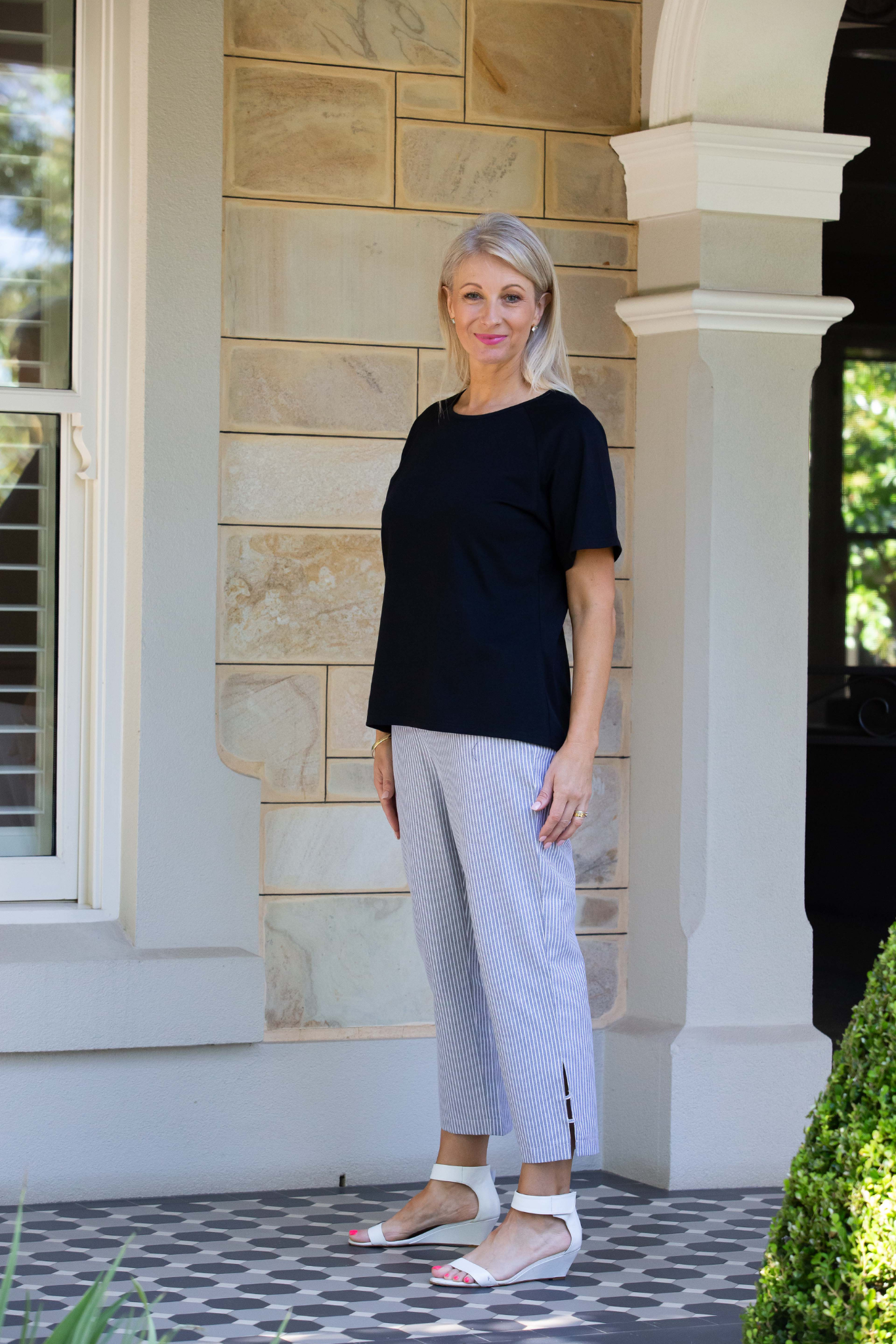 Drawstring Stripe Pant with Side Seam Hem Tab Detail #6530 - Black