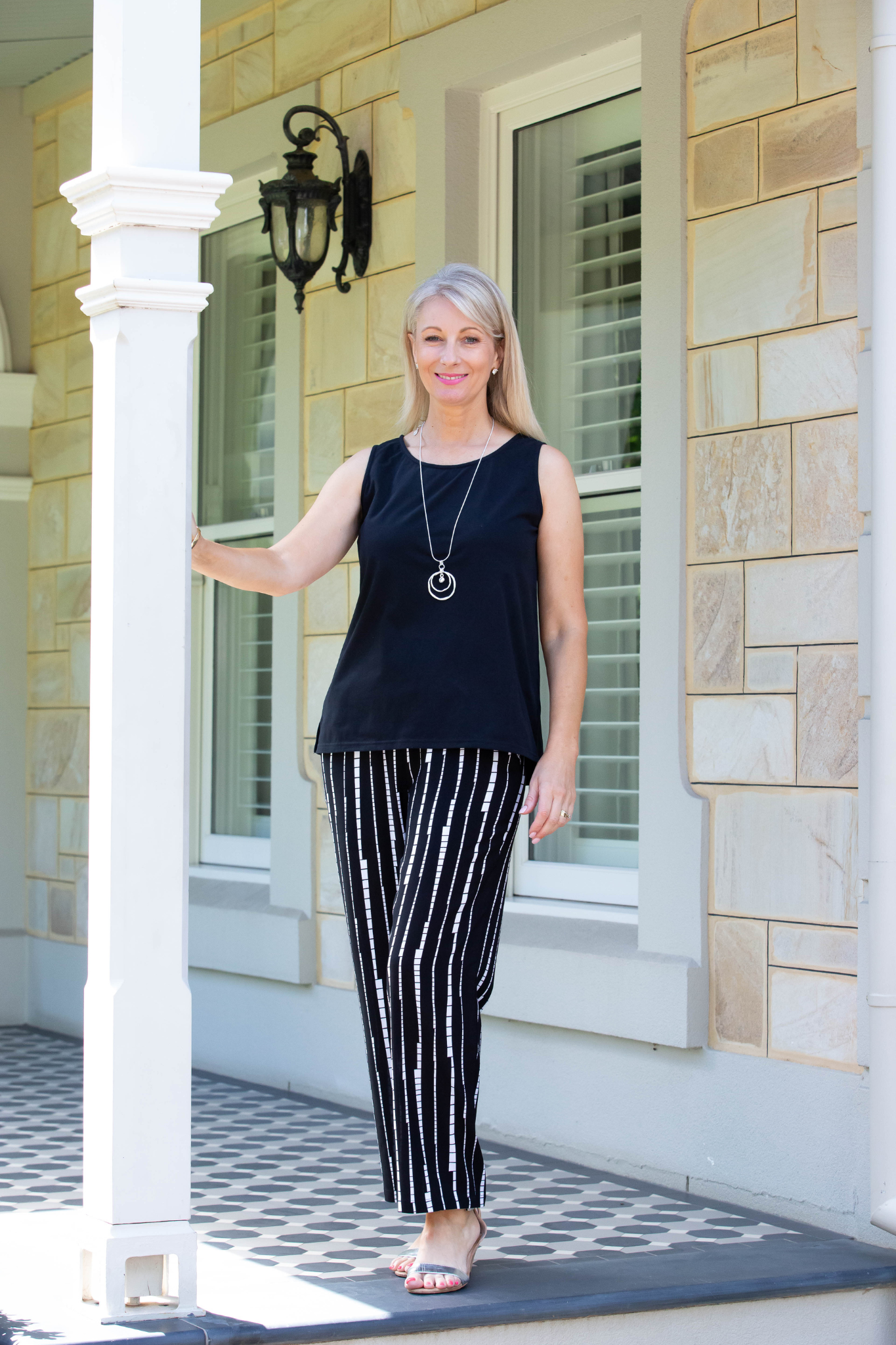 Smart casual monotone Print Pull-on style pants #6597 - Black/White
