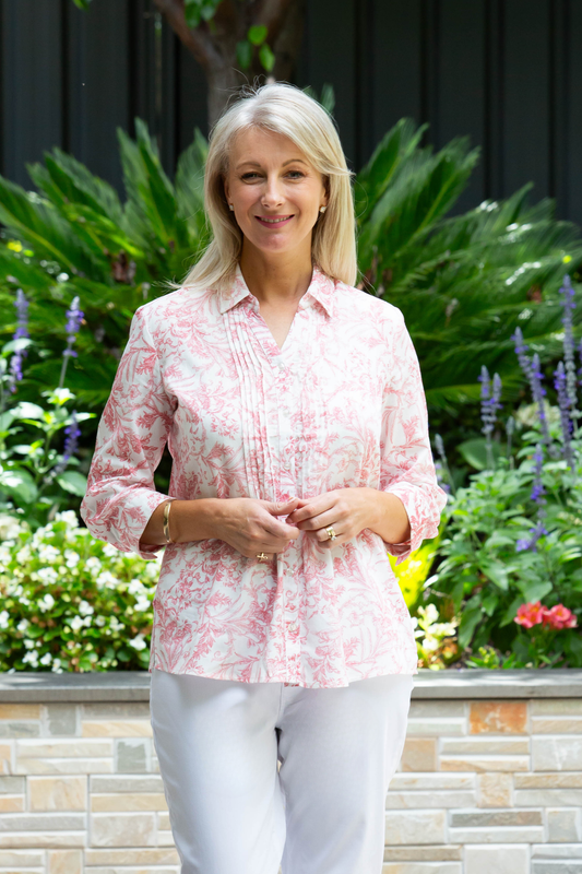 Relaxed Cotton blend 1/2 placket, 3/4 sleeve wedgewood print shirt with front pintuck detail #3415 - Pink