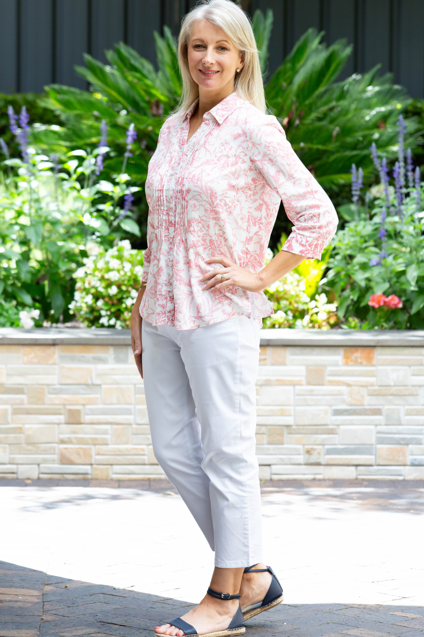 Relaxed Cotton blend 1/2 placket, 3/4 sleeve wedgewood print shirt with front pintuck detail #3415 - Pink