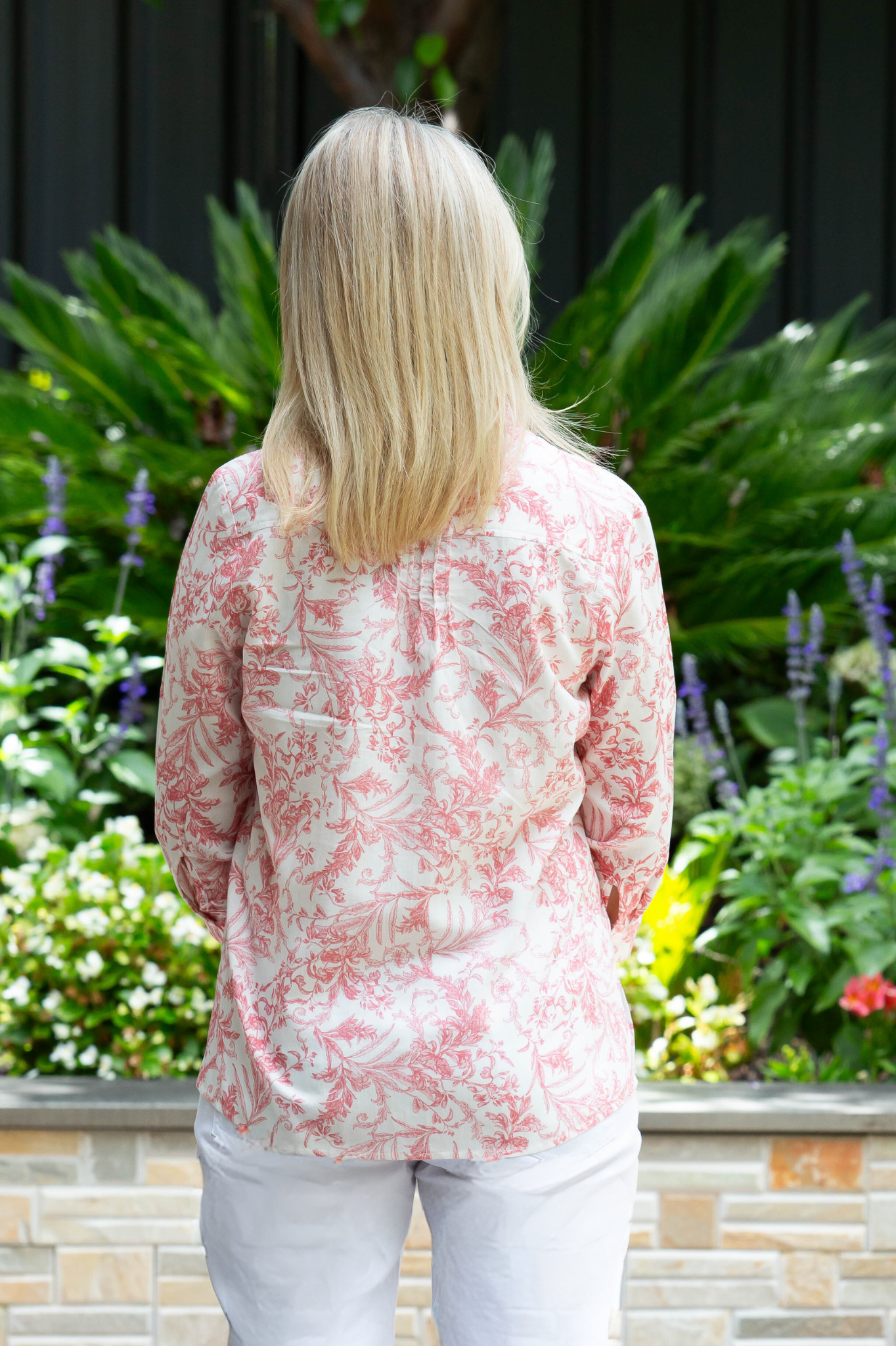 Relaxed Cotton blend 1/2 placket, 3/4 sleeve wedgewood print shirt with front pintuck detail #3415 - Pink
