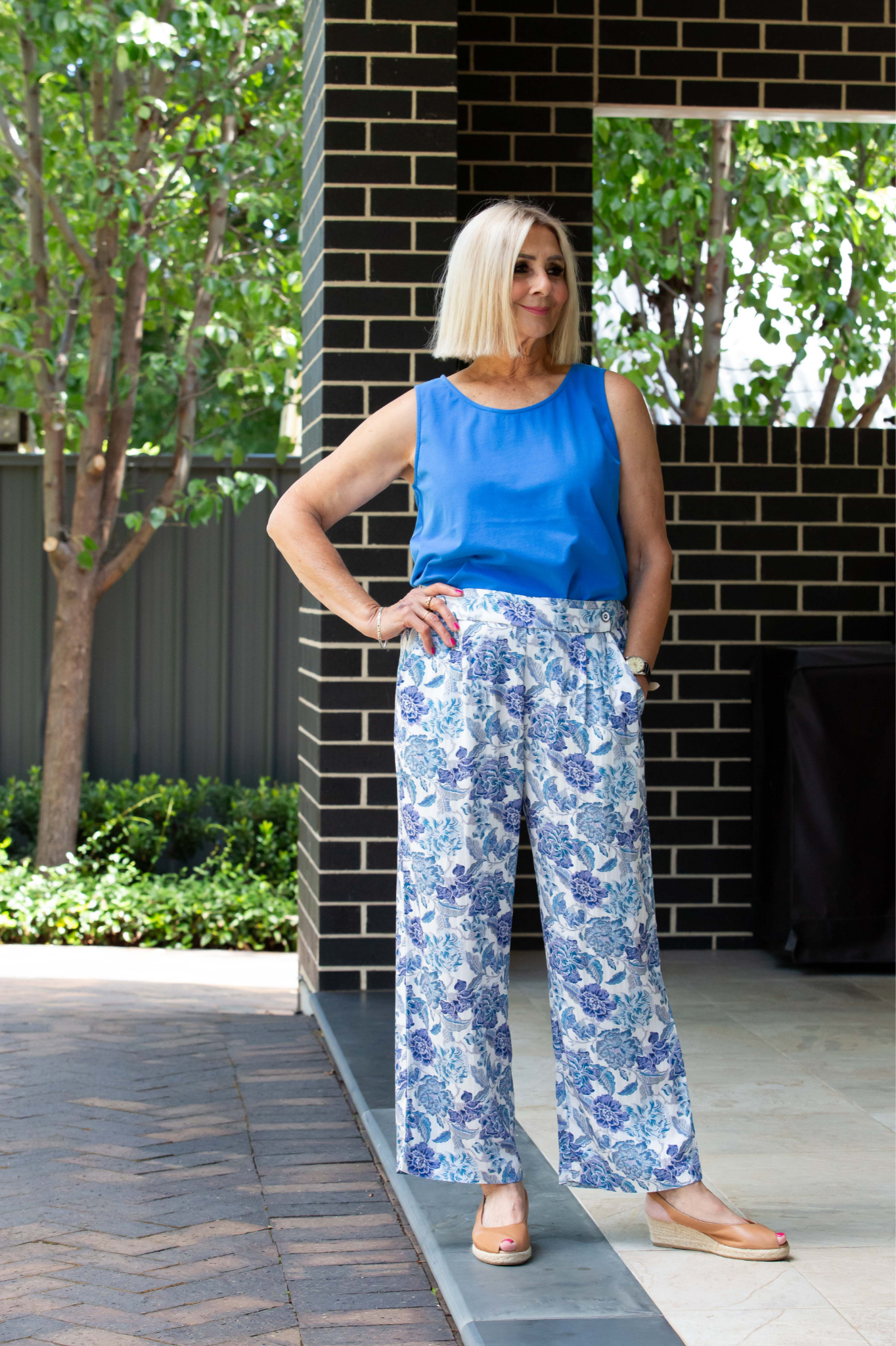 Smart casual 7/8 Length Floral Print Pull-on style pants #6541 - Blue
