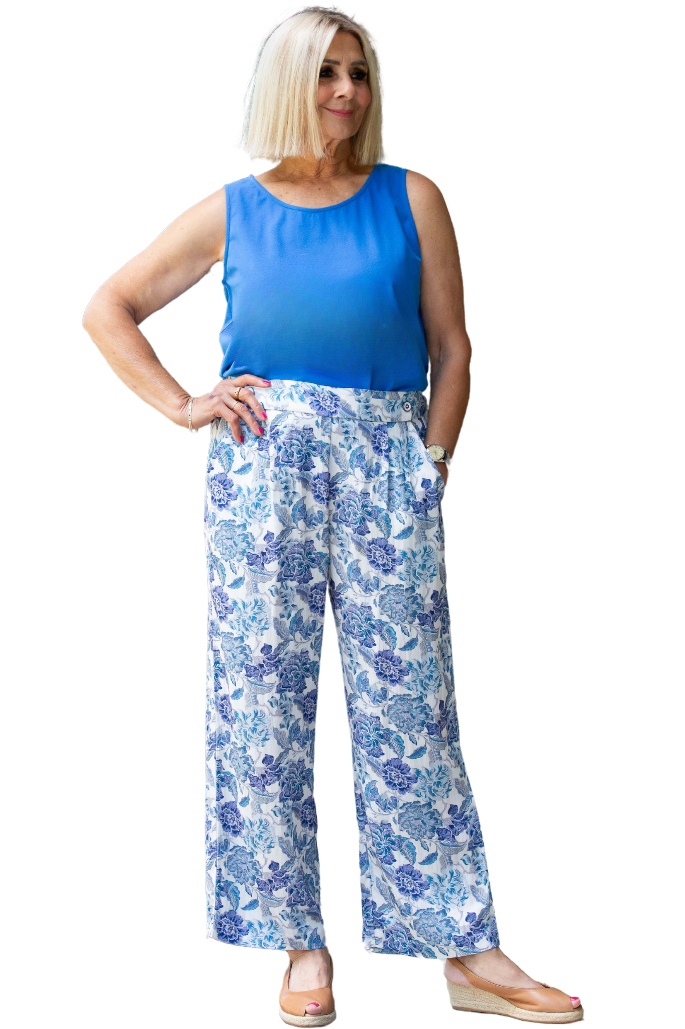Smart casual 7/8 Length Floral Print Pull-on style pants #6541 - Blue