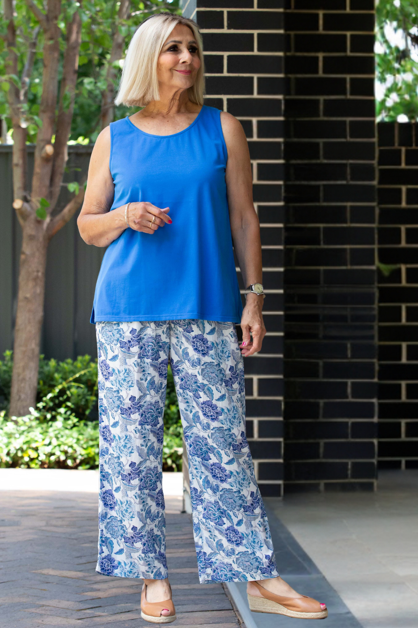 Smart casual 7/8 Length Floral Print Pull-on style pants #6541 - Blue