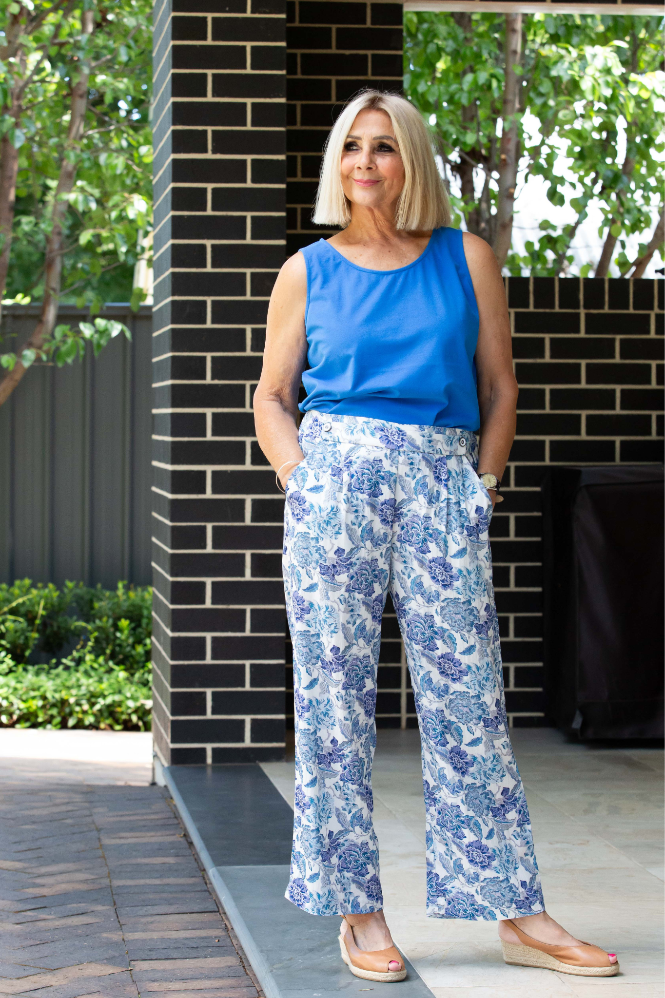 Smart casual 7/8 Length Floral Print Pull-on style pants #6541 - Blue