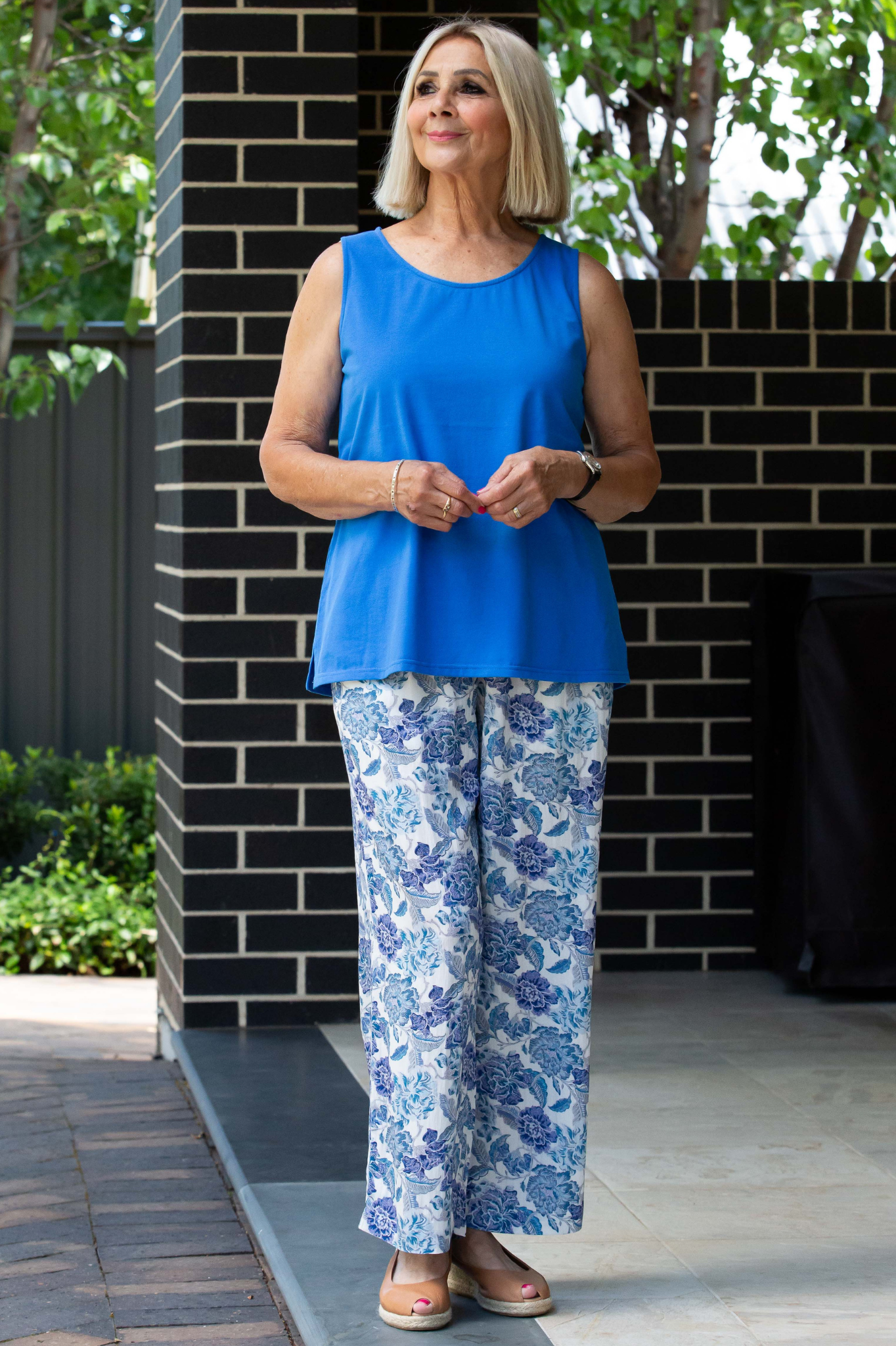 Smart casual 7/8 Length Floral Print Pull-on style pants #6541 - Blue