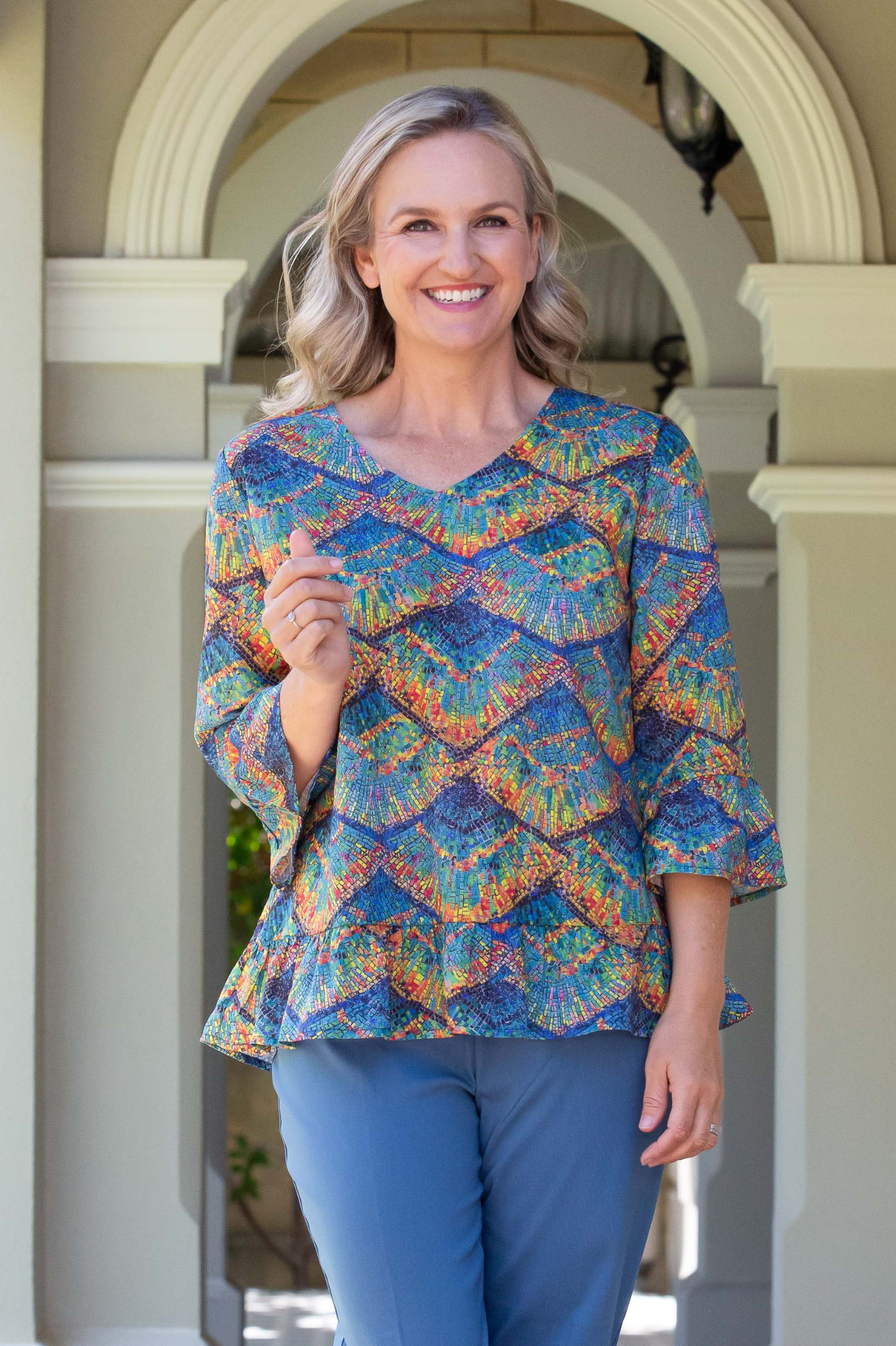 3/4 Bell sleeve print top gathered hem edge finish #568 - Mosaic
