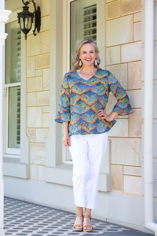 3/4 Bell sleeve print top gathered hem edge finish #568 - Mosaic