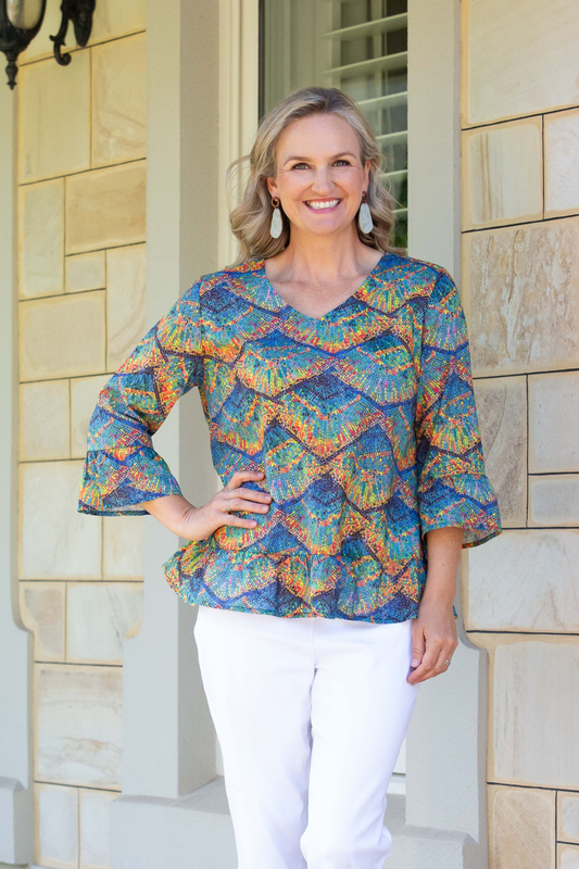 3/4 Bell sleeve print top gathered hem edge finish #568 - Mosaic