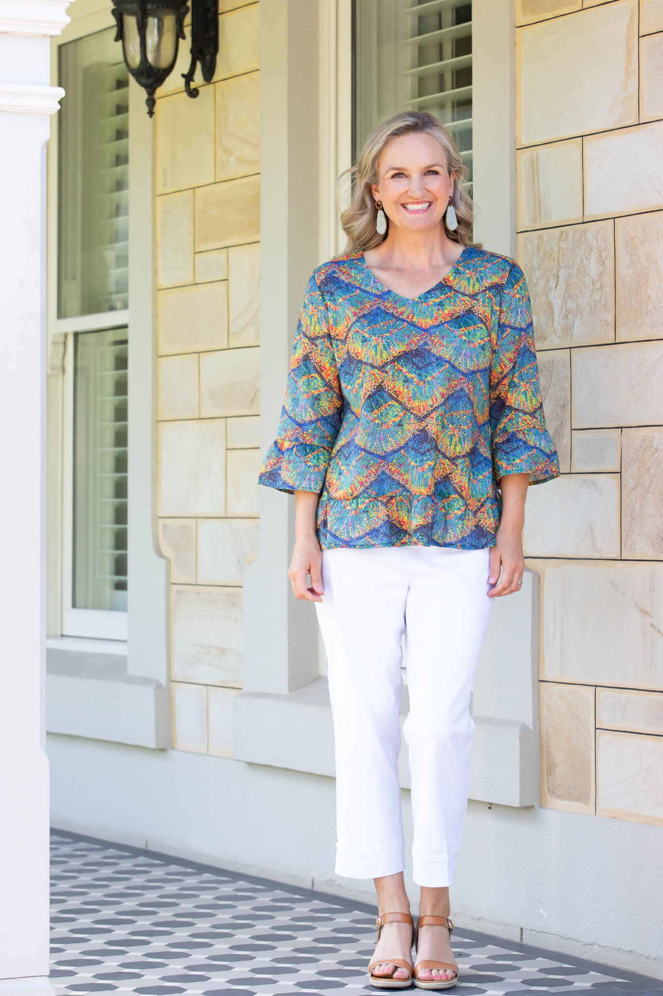 3/4 Bell sleeve print top gathered hem edge finish #568 - Mosaic