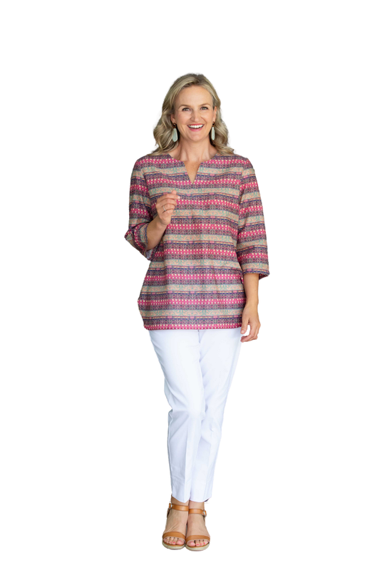 Pure cotton 3/4 Bell sleeve V-Neck Print Top with Curved Hem #526 - Rosewood