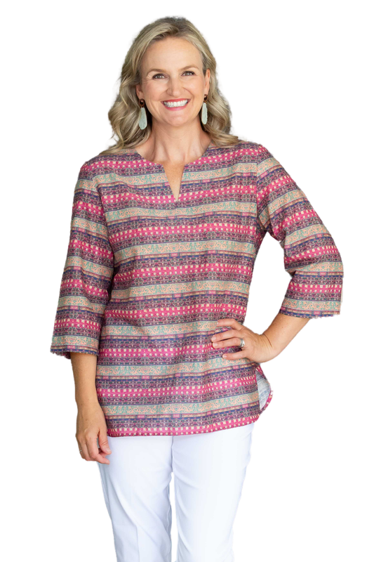 Pure cotton 3/4 Bell sleeve V-Neck Print Top with Curved Hem #526 - Rosewood