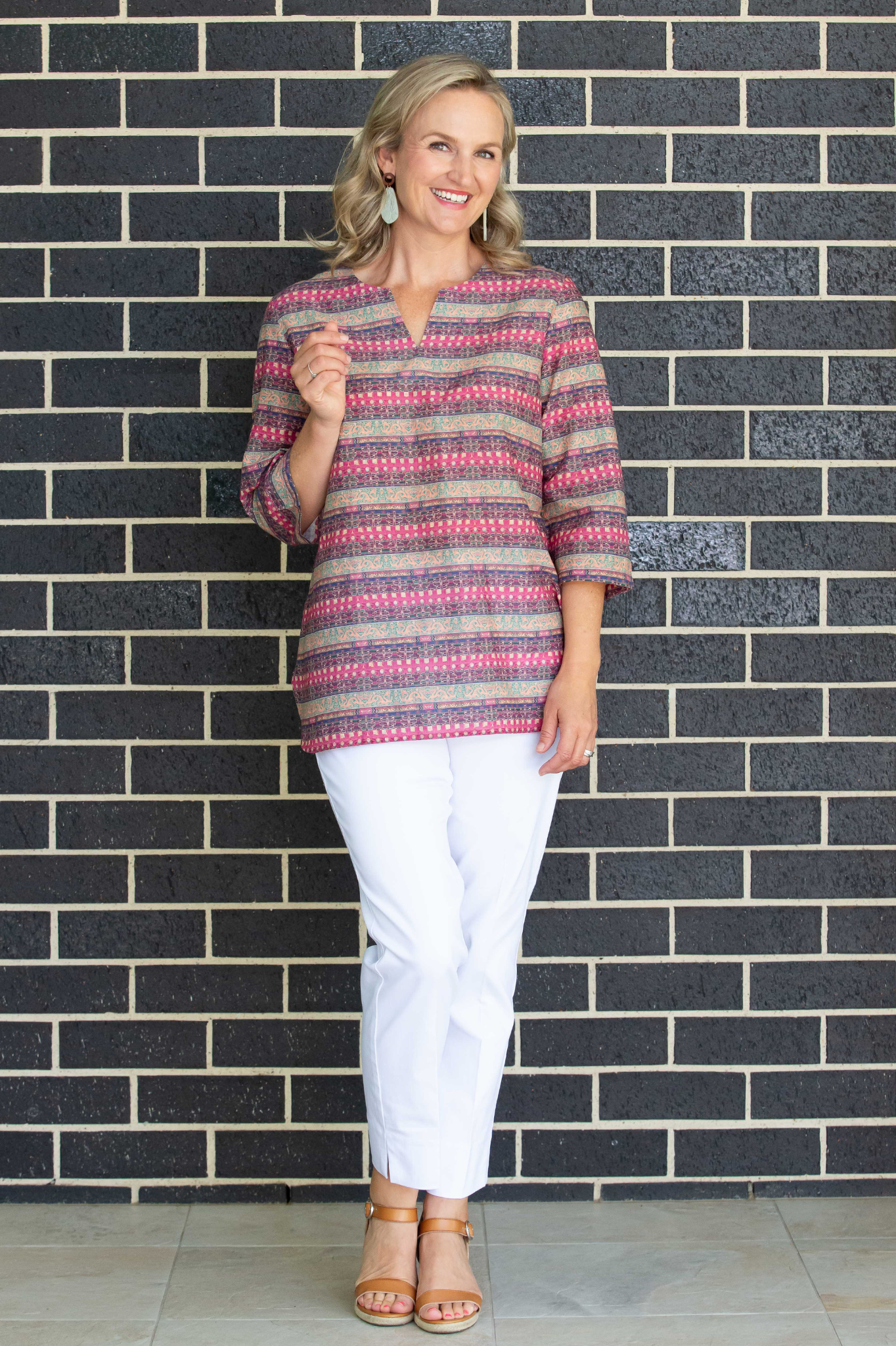 Pure cotton 3/4 Bell sleeve V-Neck Print Top with Curved Hem #526 - Rosewood