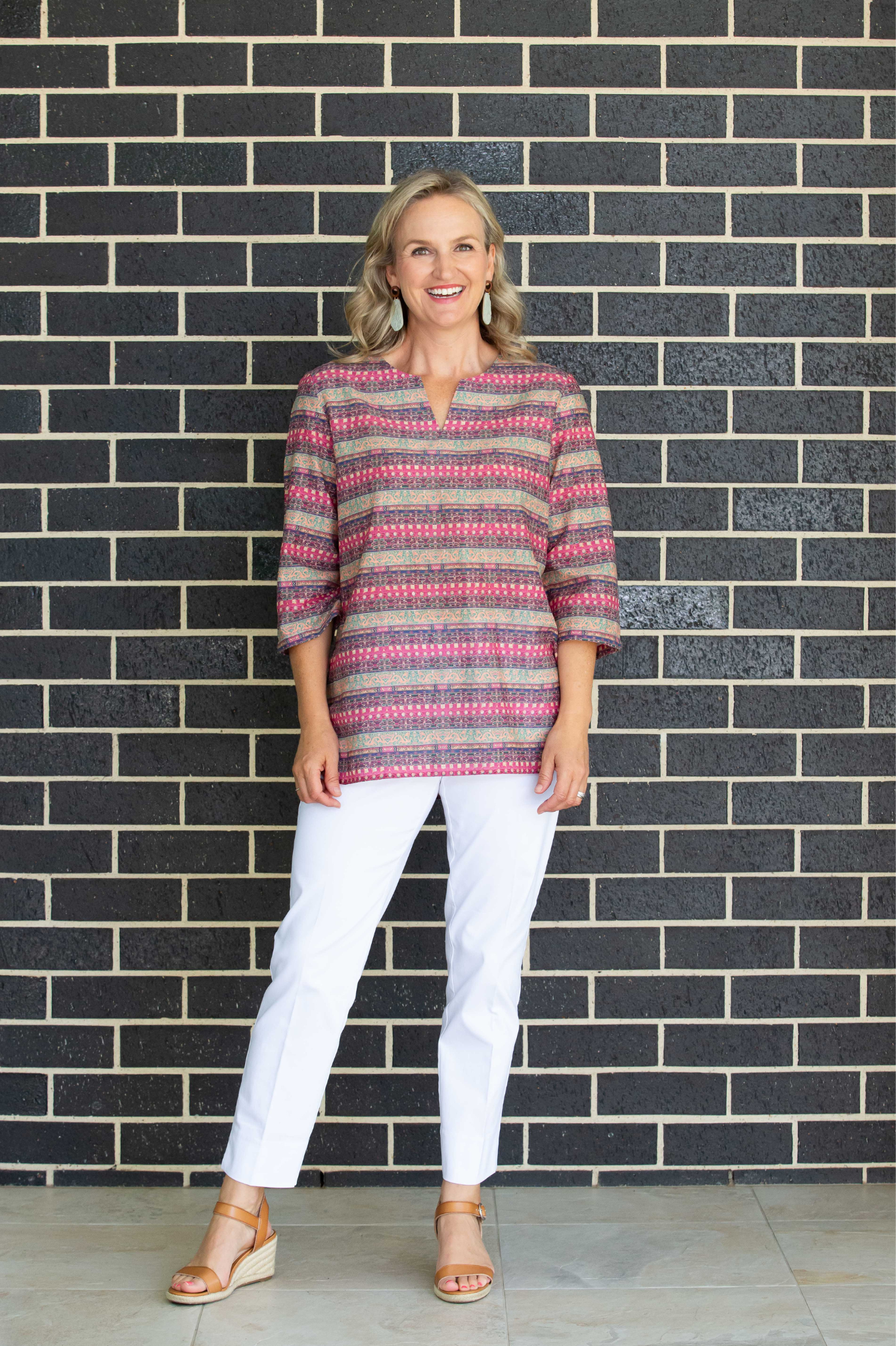 Pure cotton 3/4 Bell sleeve V-Neck Print Top with Curved Hem #526 - Rosewood