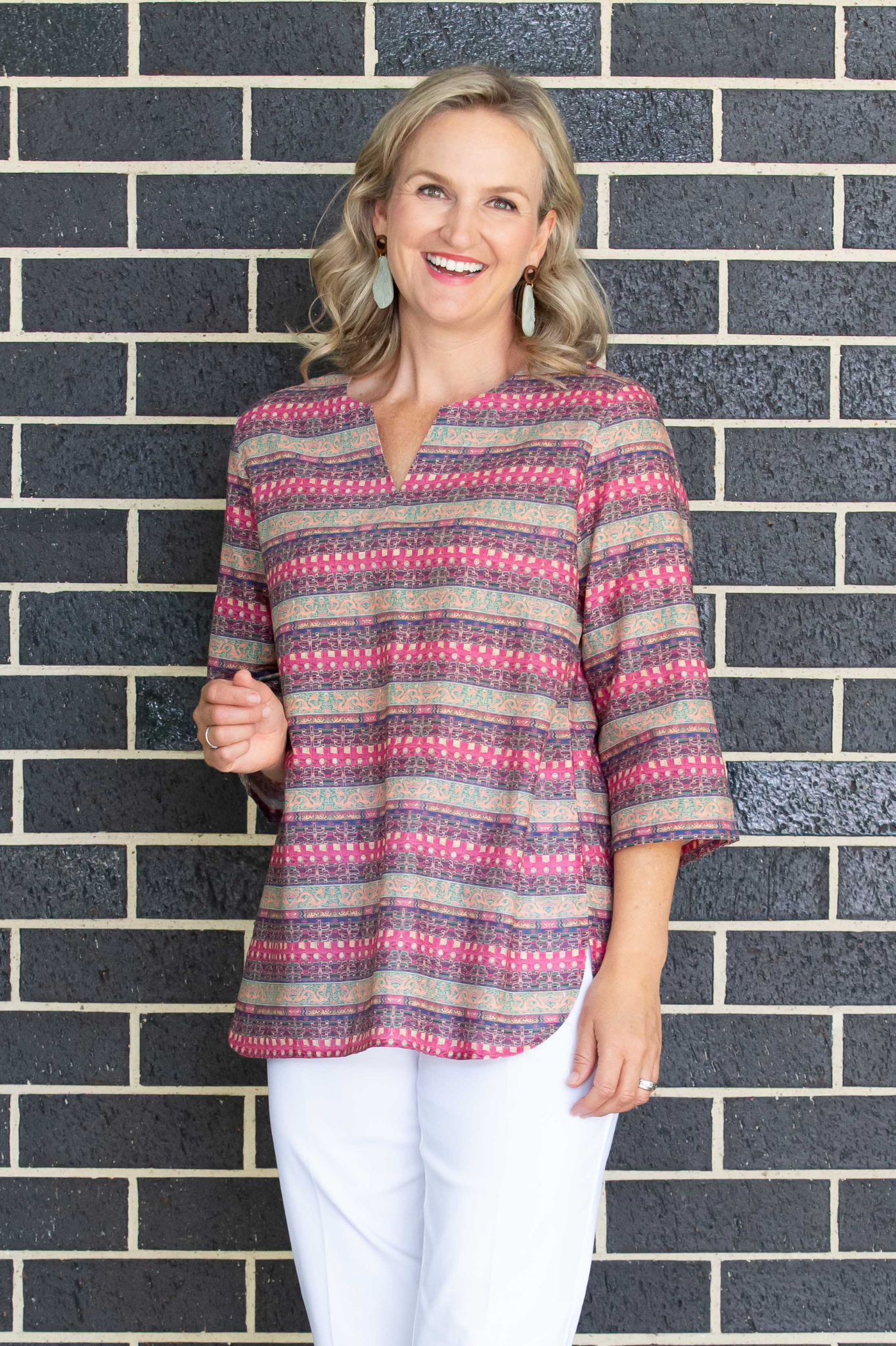 Pure cotton 3/4 Bell sleeve V-Neck Print Top with Curved Hem #526 - Rosewood