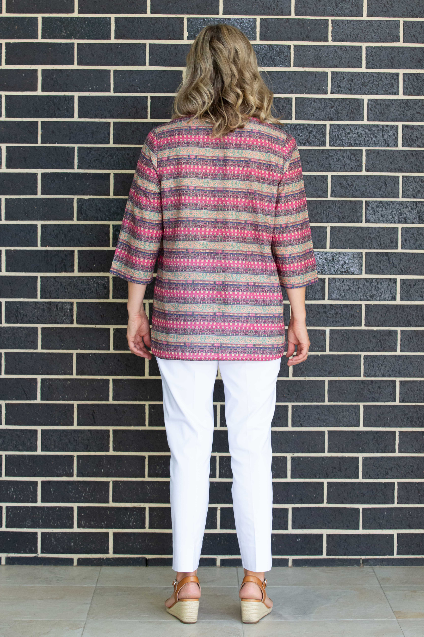 Pure cotton 3/4 Bell sleeve V-Neck Print Top with Curved Hem #526 - Rosewood