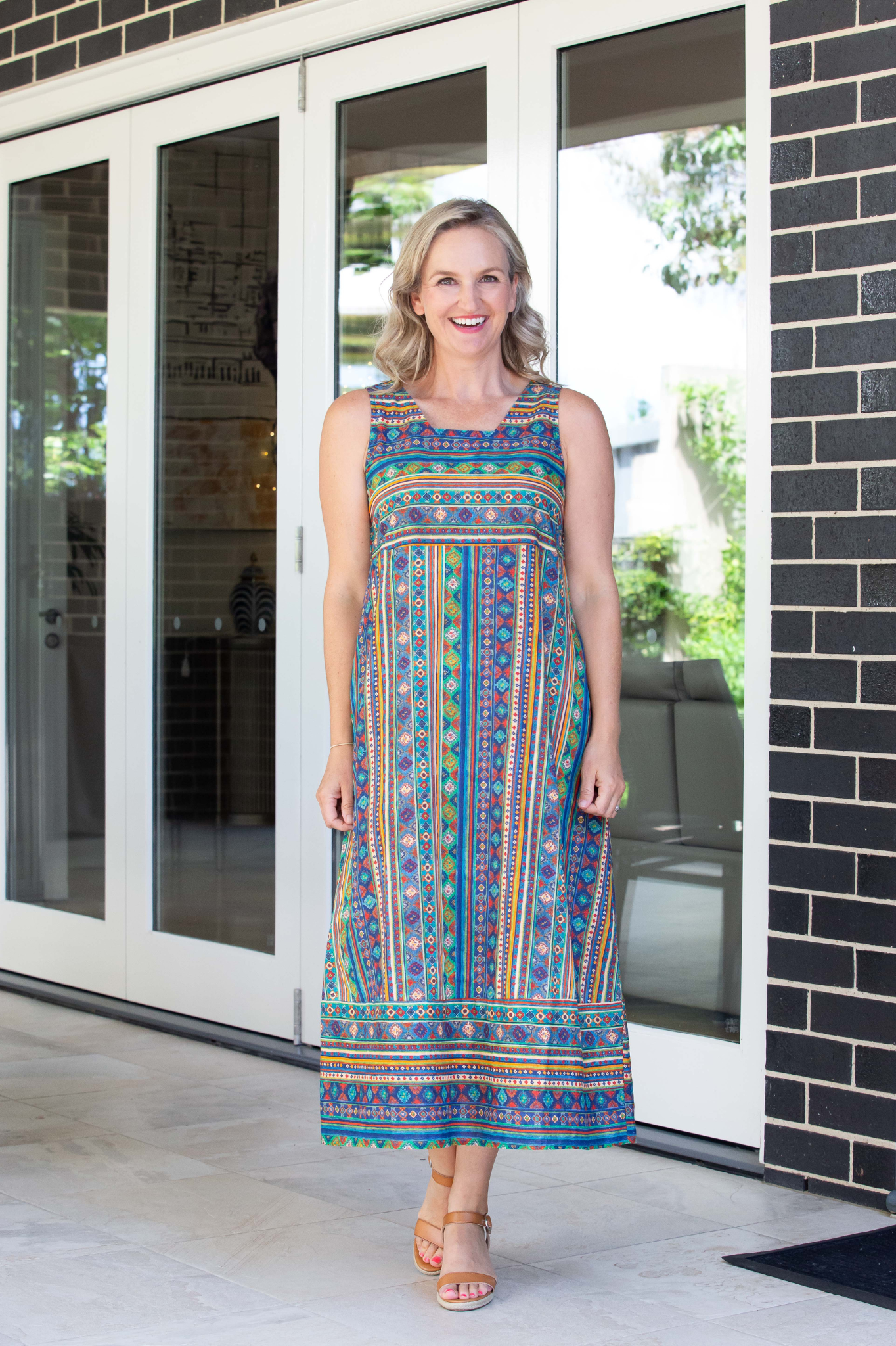 Multicolour jewel border hem print sleeveless dress with pockets - #7801 Multi