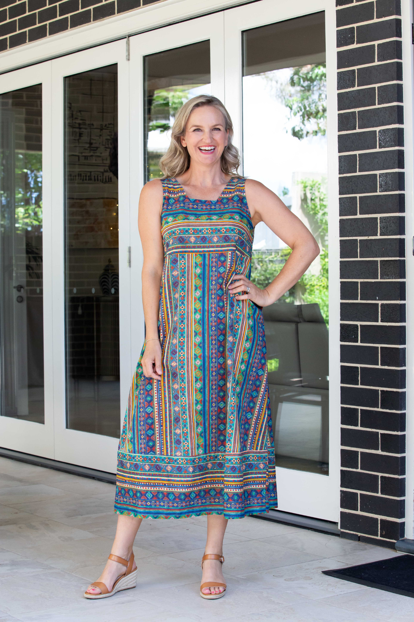Multicolour jewel border hem print sleeveless dress with pockets - #7801 Multi