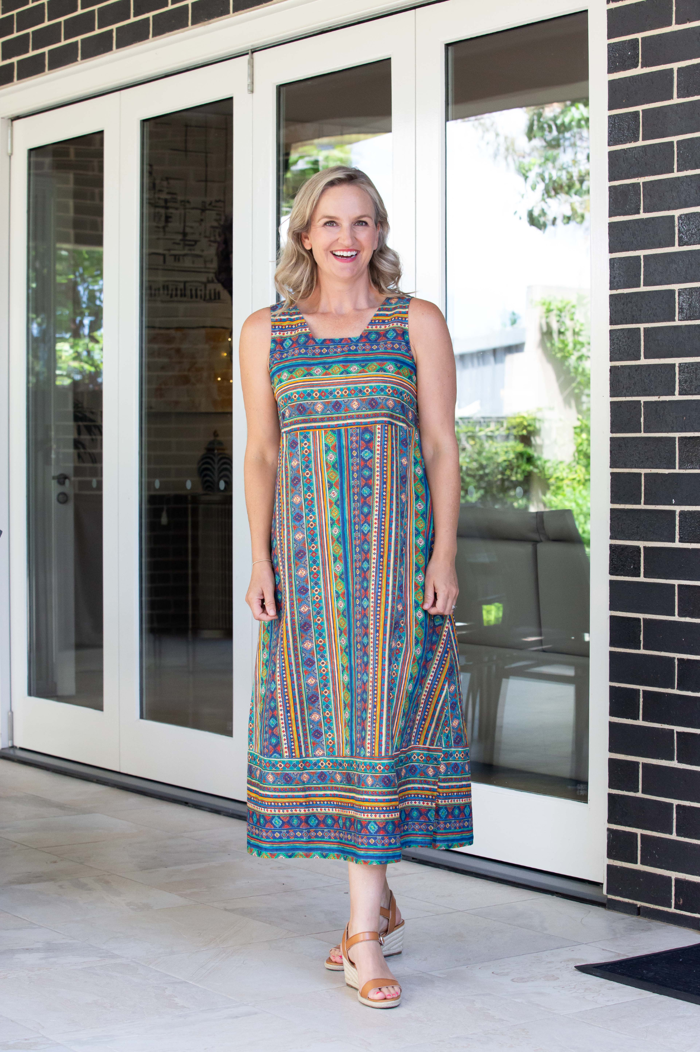 Multicolour jewel border hem print sleeveless dress with pockets - #7801 Multi