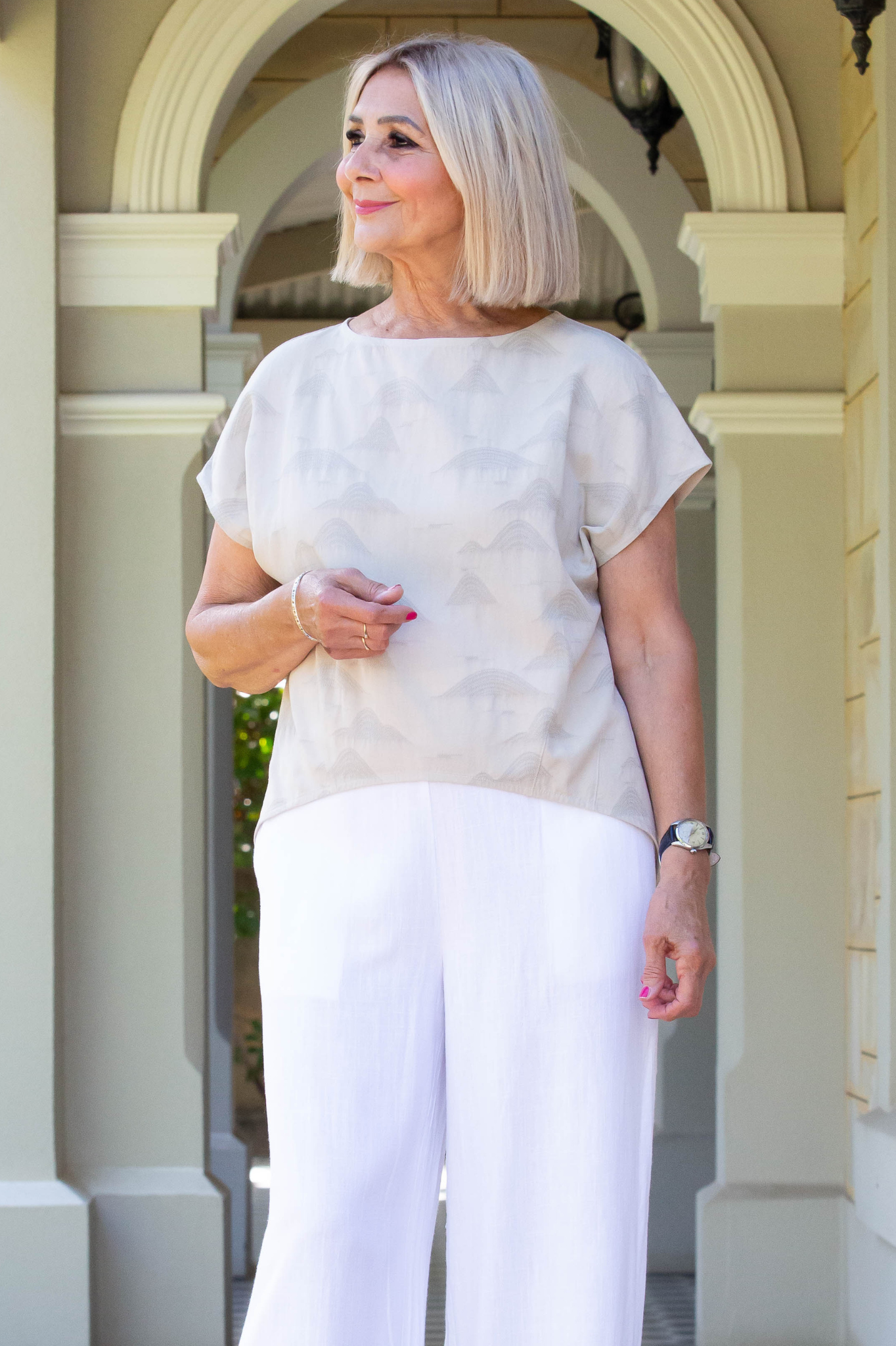 Tencel Linen Extended Cap Sleeve Textured Jacquard Scoop Hem Top #613 - Natural