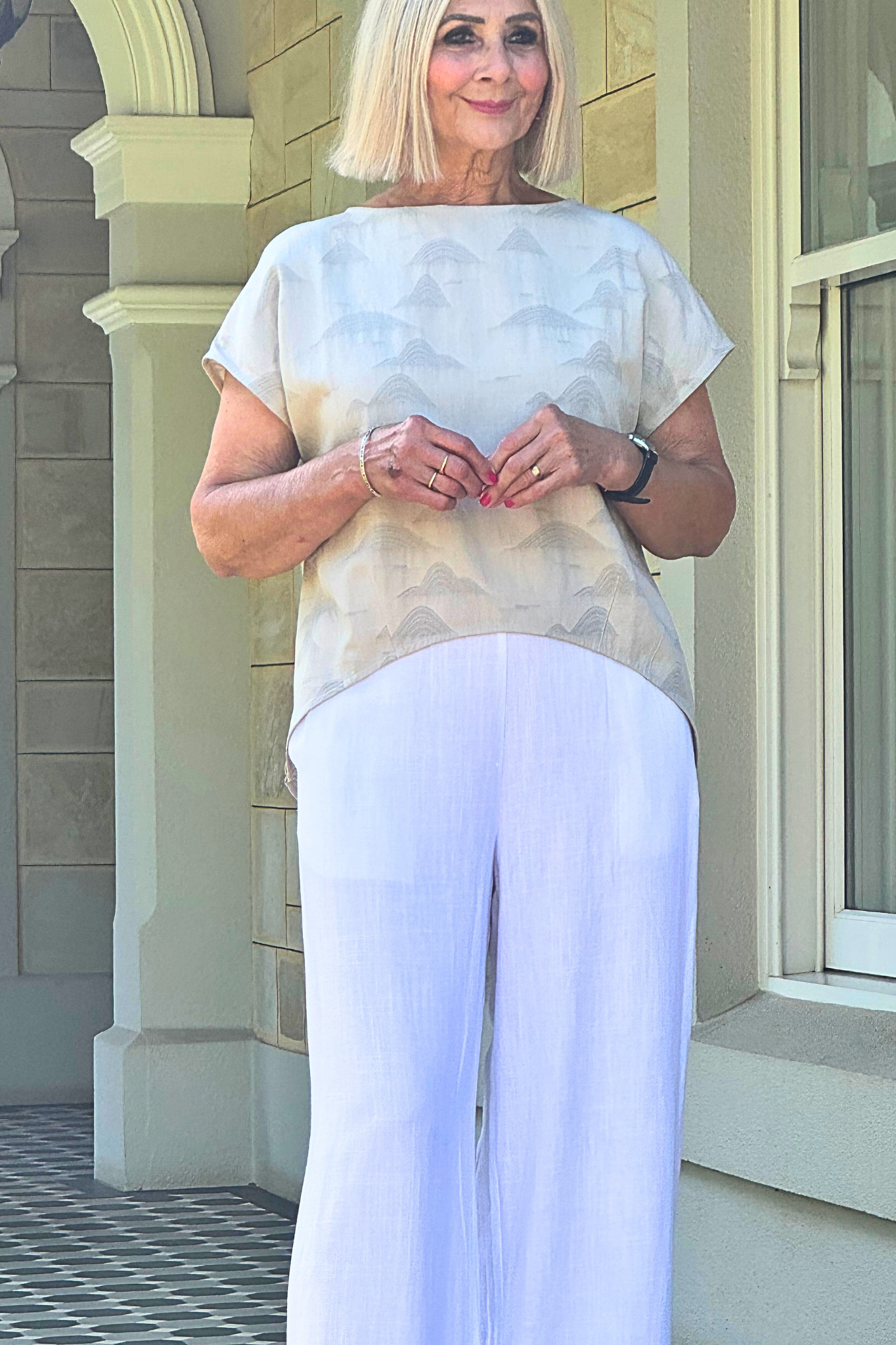 Tencel Linen Extended Cap Sleeve Textured Jacquard Scoop Hem Top #613 - Natural