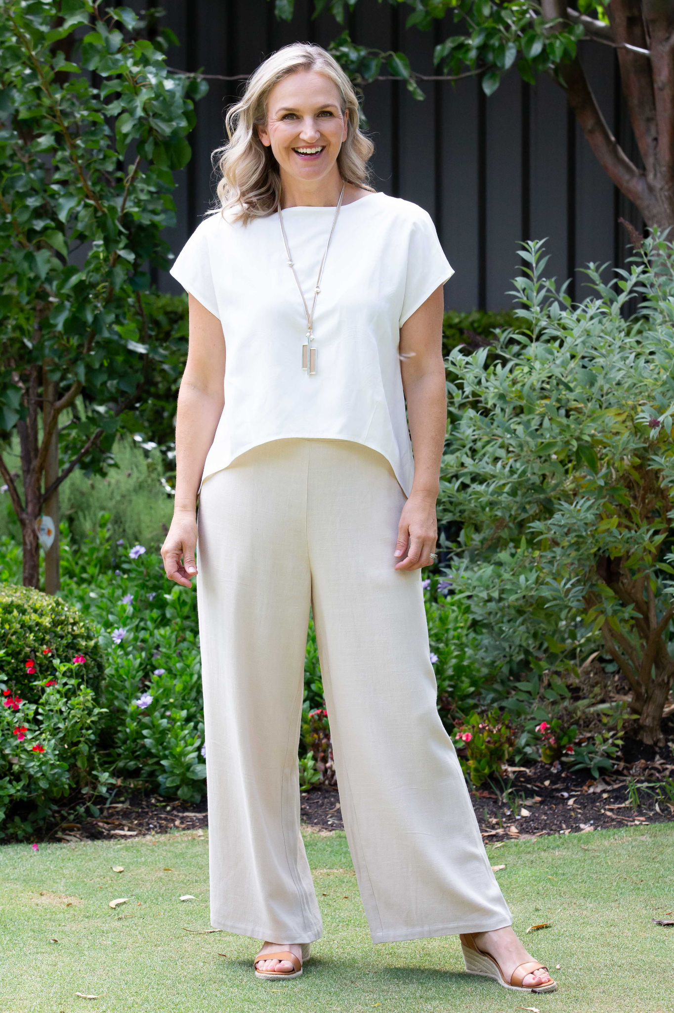 Linen Blend Wide Leg Pant with Pockets #6646 - Natural