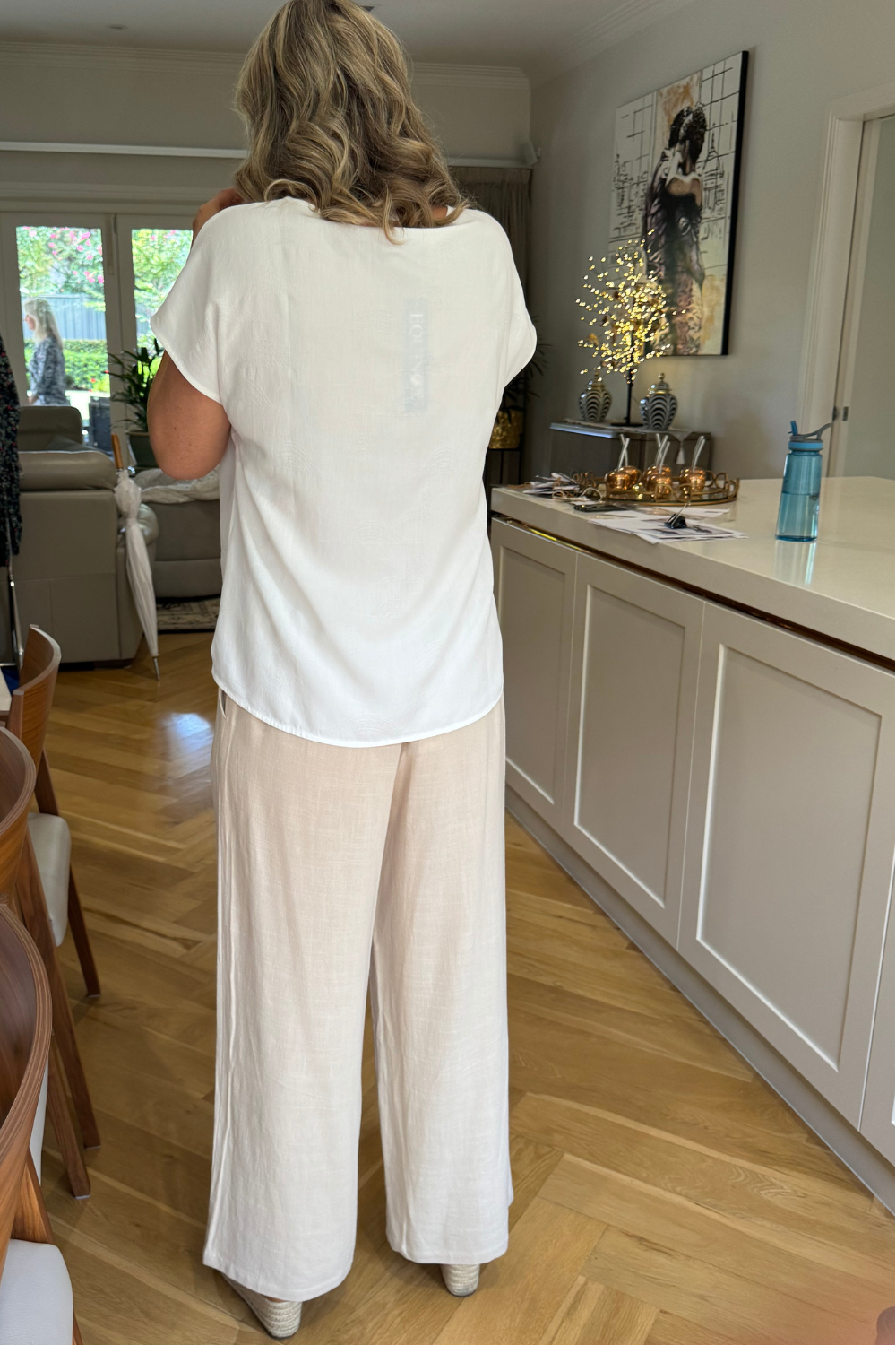 Linen Blend Wide Leg Pant with Pockets #6646 - Natural