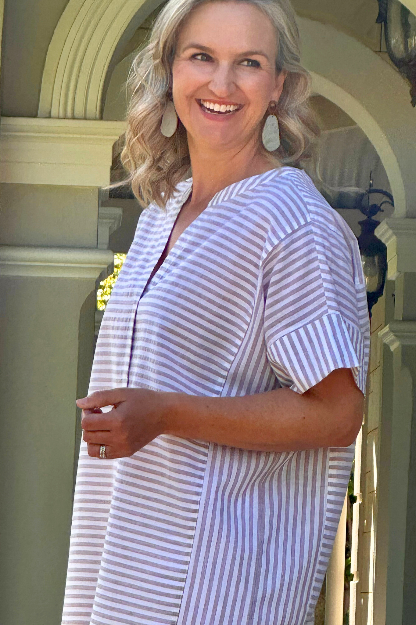 Relaxed fit Cotton Blend Contrast Stripe Extended Sleeve Top #3638 - Natural/White