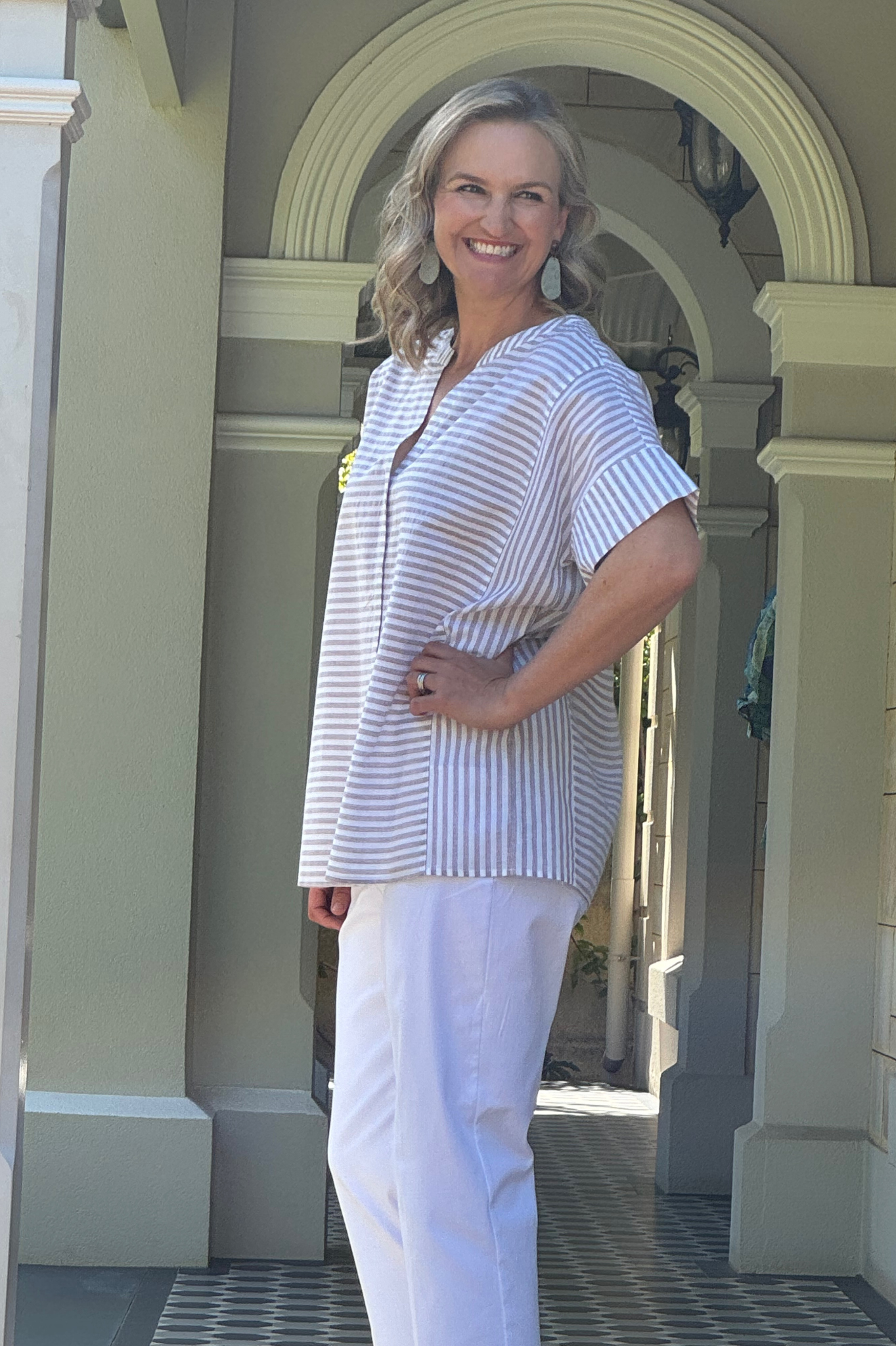 Relaxed fit Cotton Blend Contrast Stripe Extended Sleeve Top #3638 - Natural/White