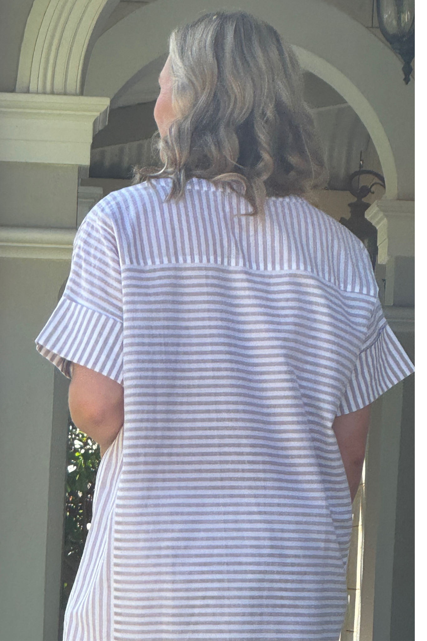 Relaxed fit Cotton Blend Contrast Stripe Extended Sleeve Top #3638 - Natural/White