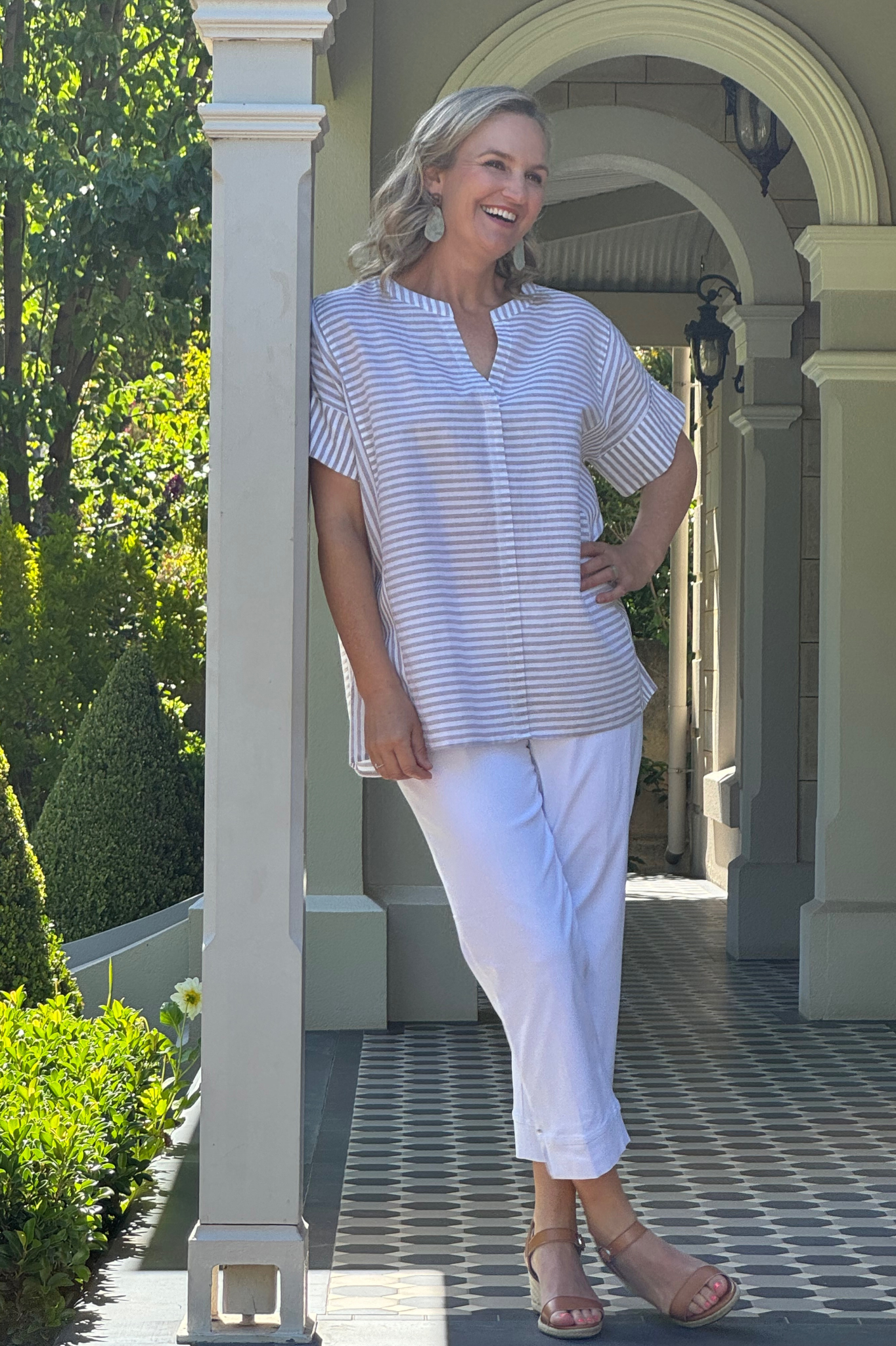 Relaxed fit Cotton Blend Contrast Stripe Extended Sleeve Top #3638 - Natural/White