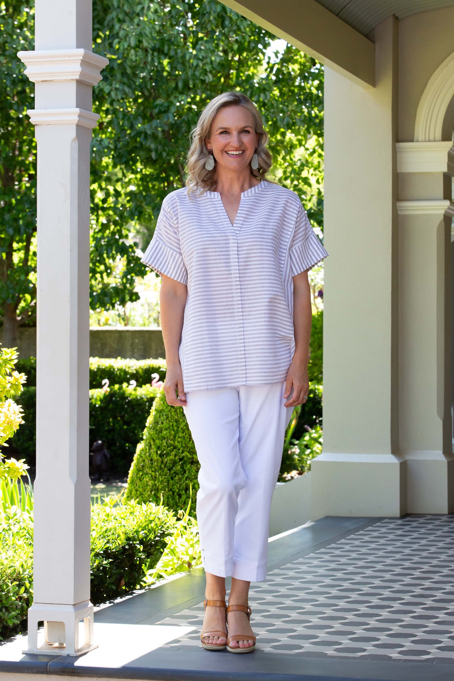 Relaxed fit Cotton Blend Contrast Stripe Extended Sleeve Top #3638 - Natural/White