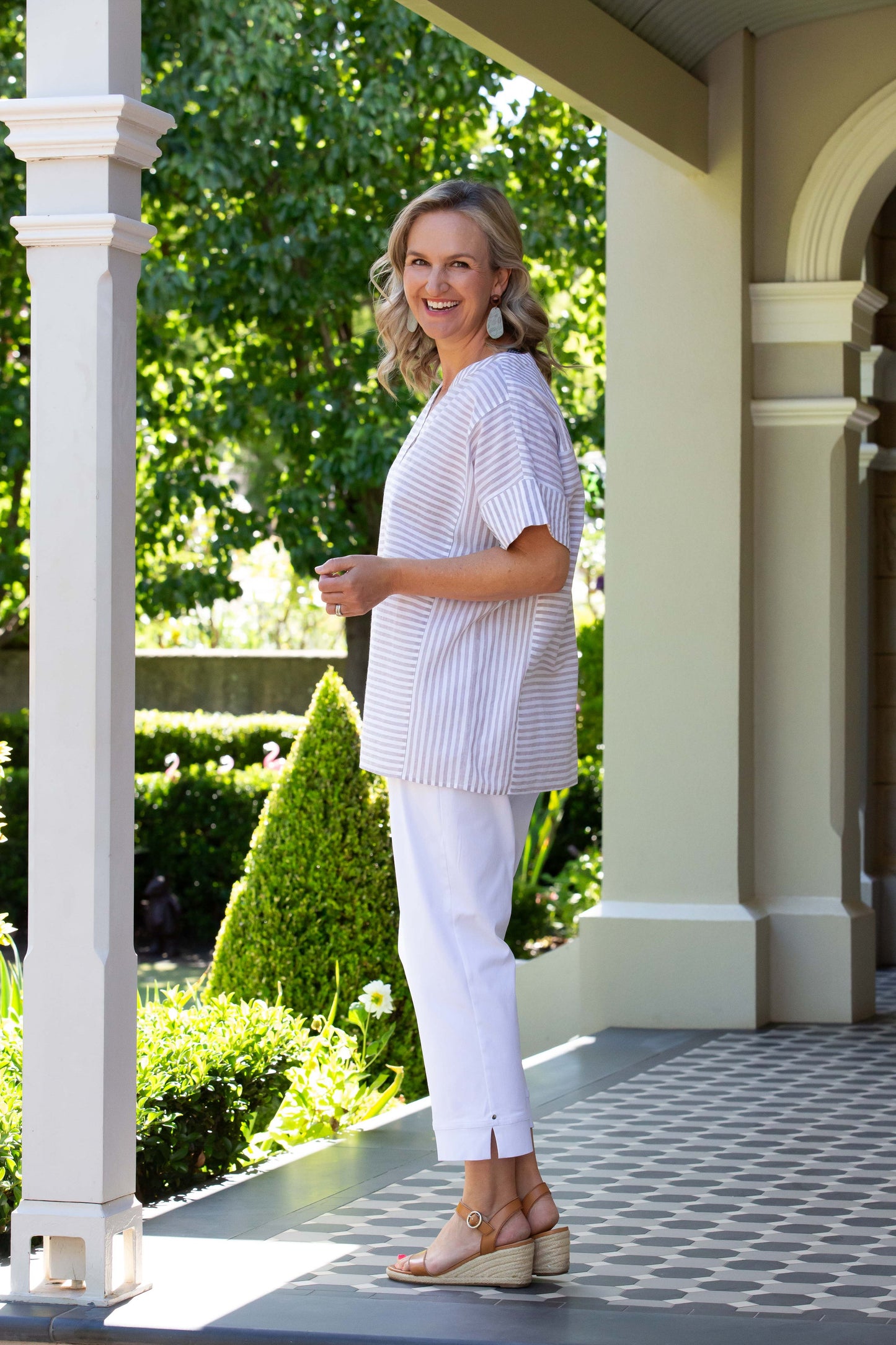 Relaxed fit Cotton Blend Contrast Stripe Extended Sleeve Top #3638 - Natural/White