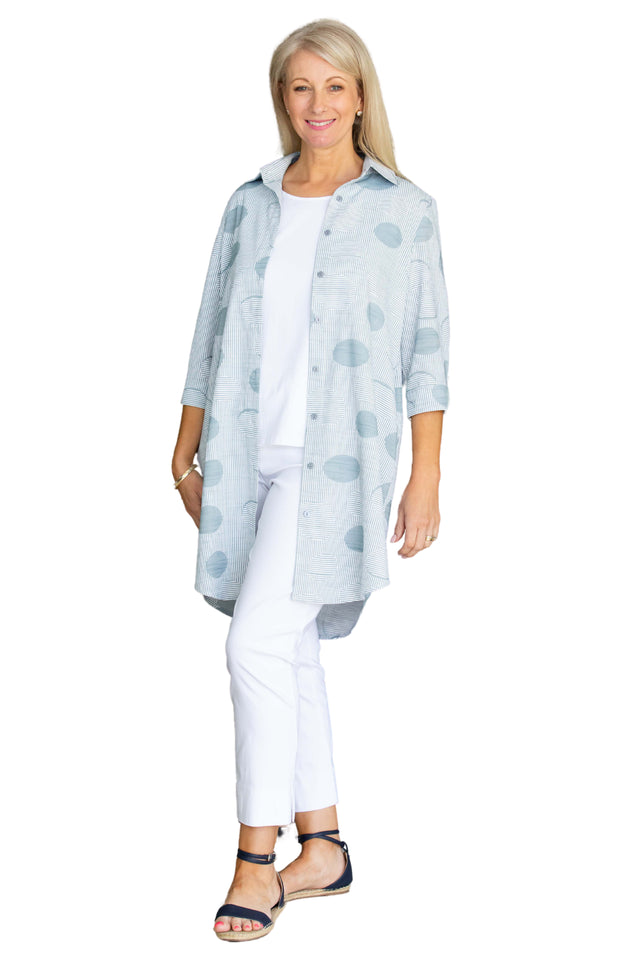 #3667 - Blue Spot stripe print long line over shirt with pockets