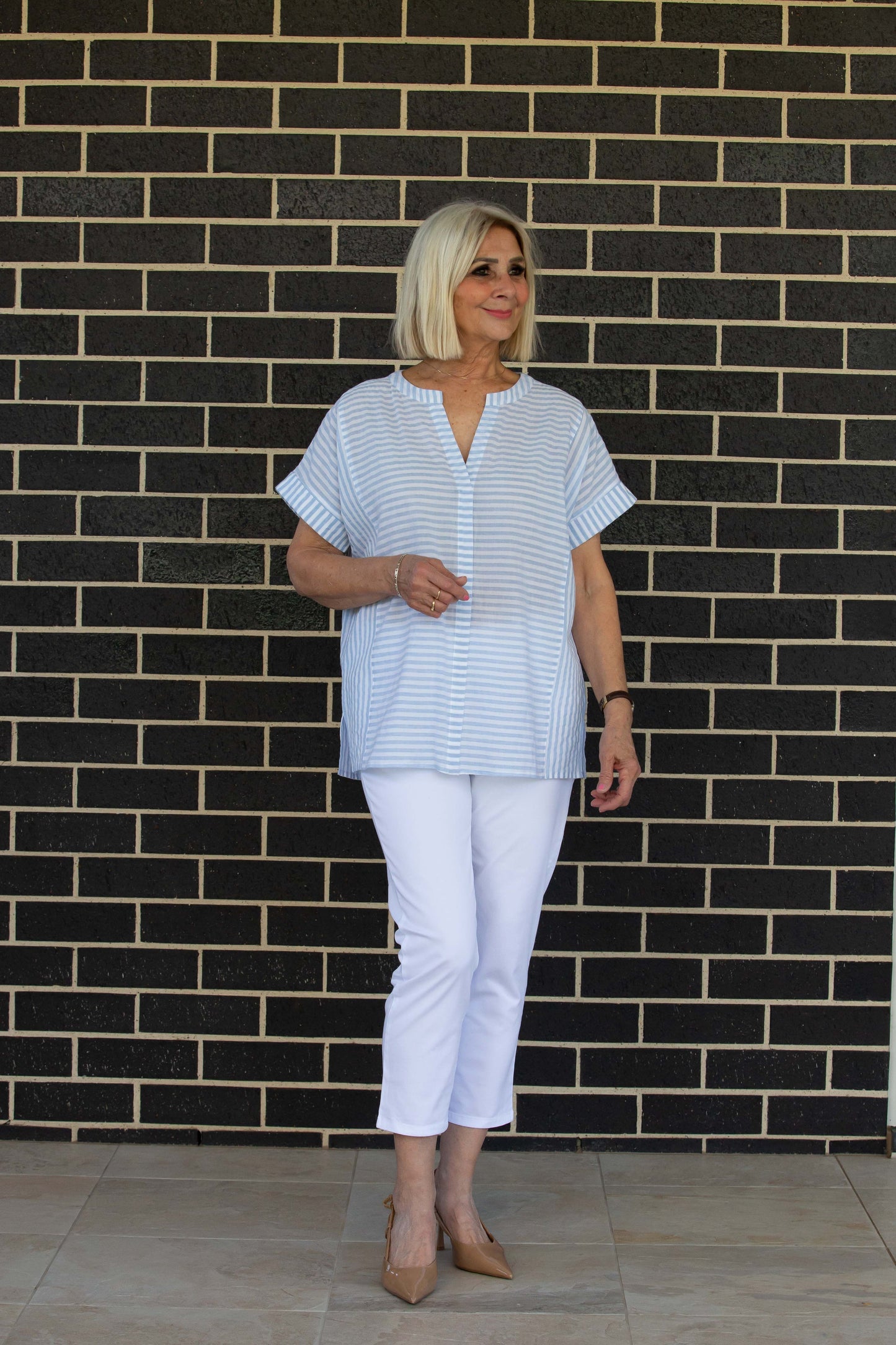 Relaxed fit Cotton Blend Contrast Stripe Extended Sleeve Top #3638 - Blue/White