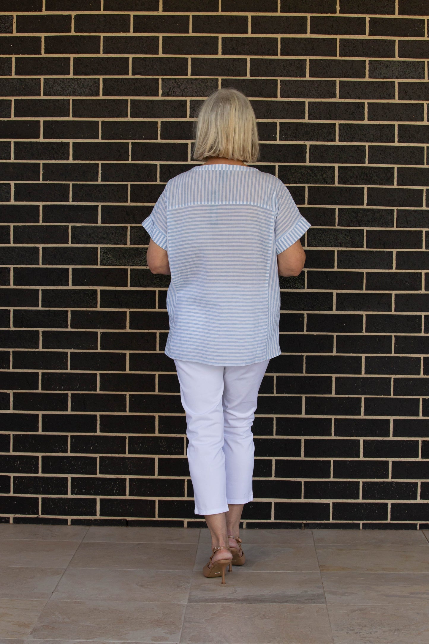 Relaxed fit Cotton Blend Contrast Stripe Extended Sleeve Top #3638 - Blue/White