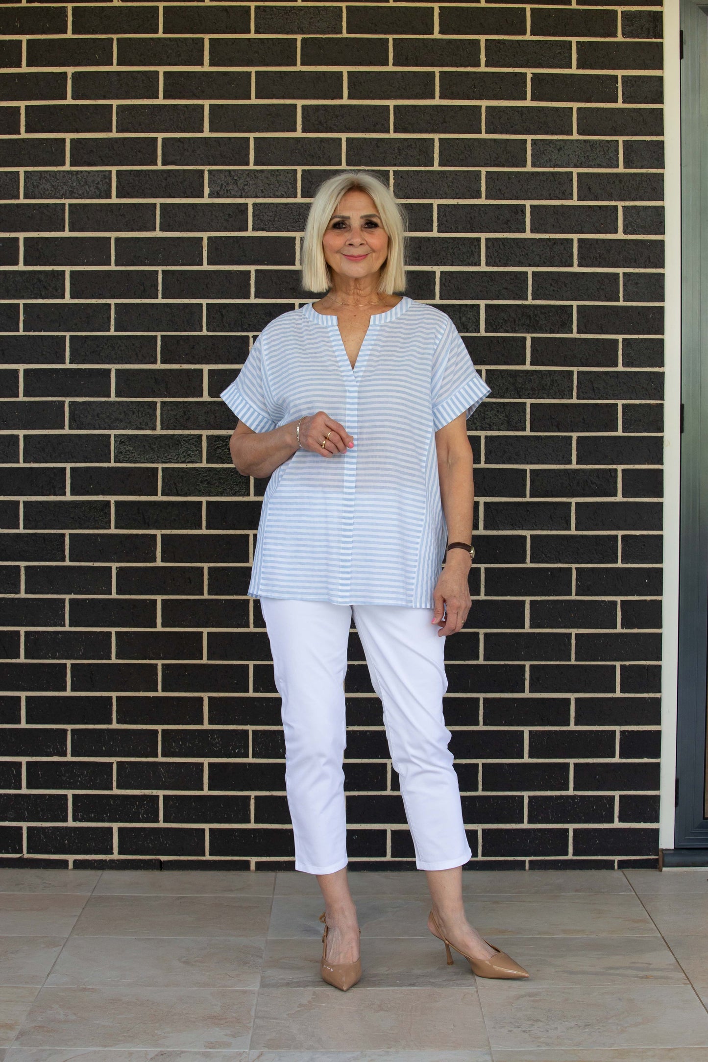 Relaxed fit Cotton Blend Contrast Stripe Extended Sleeve Top #3638 - Blue/White