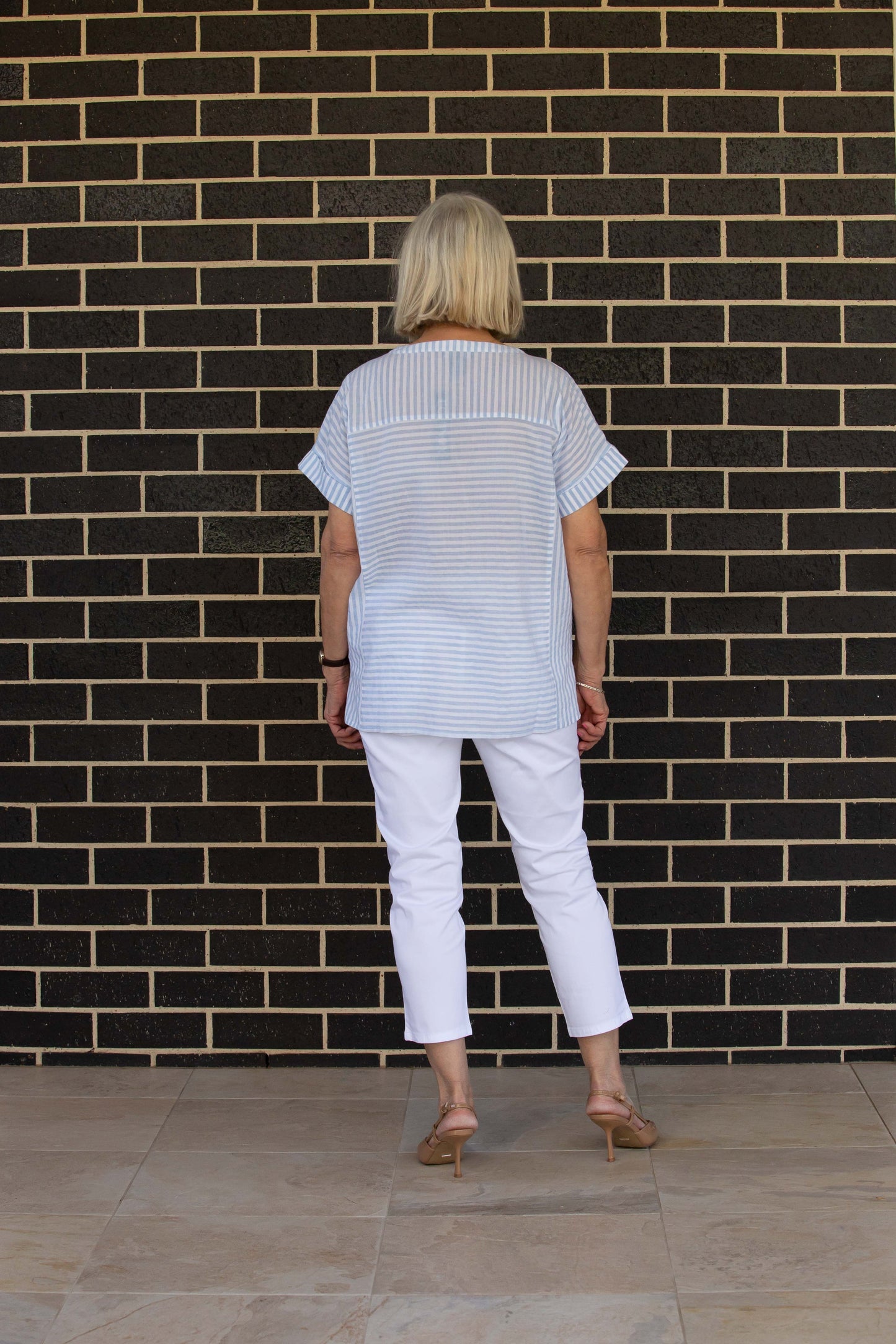 Relaxed fit Cotton Blend Contrast Stripe Extended Sleeve Top #3638 - Blue/White