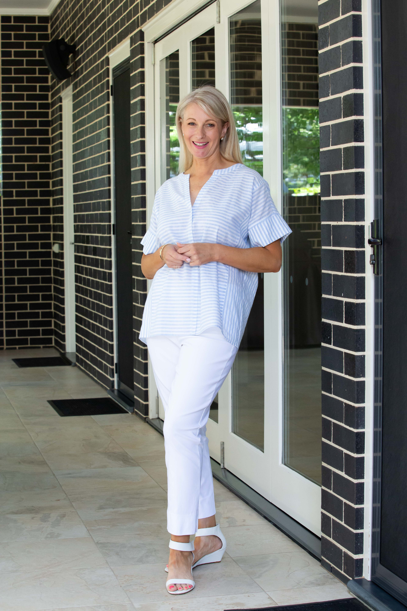 Relaxed fit Cotton Blend Contrast Stripe Extended Sleeve Top #3638 - Blue/White