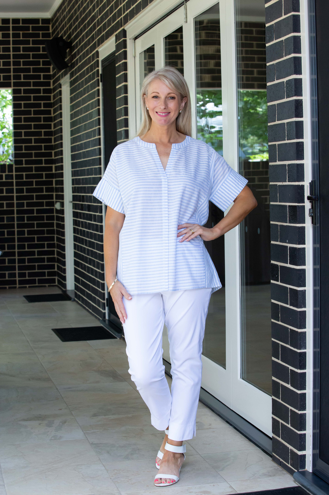 Relaxed fit Cotton Blend Contrast Stripe Extended Sleeve Top #3638 - Blue/White