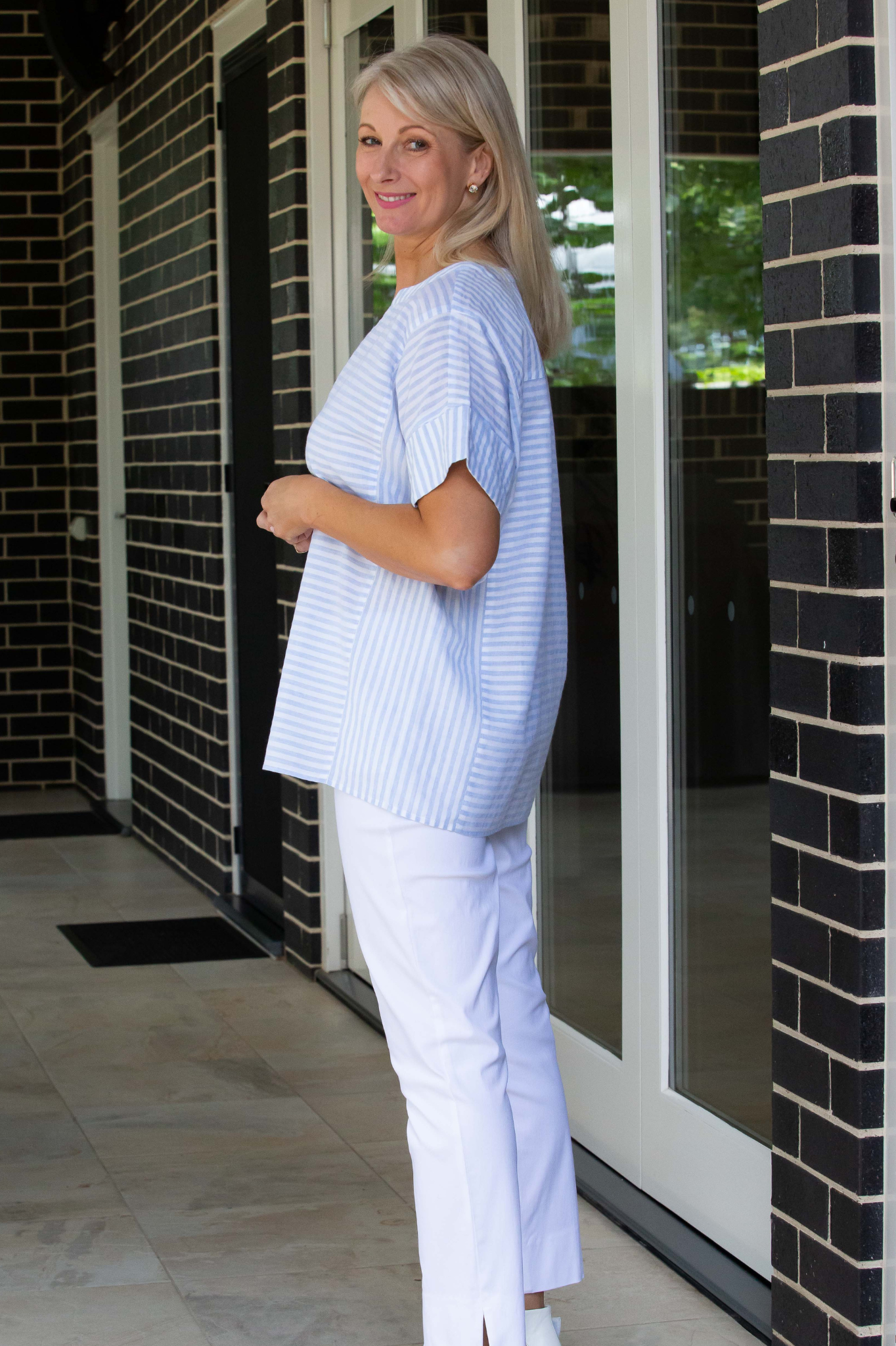 Relaxed fit Cotton Blend Contrast Stripe Extended Sleeve Top #3638 - Blue/White