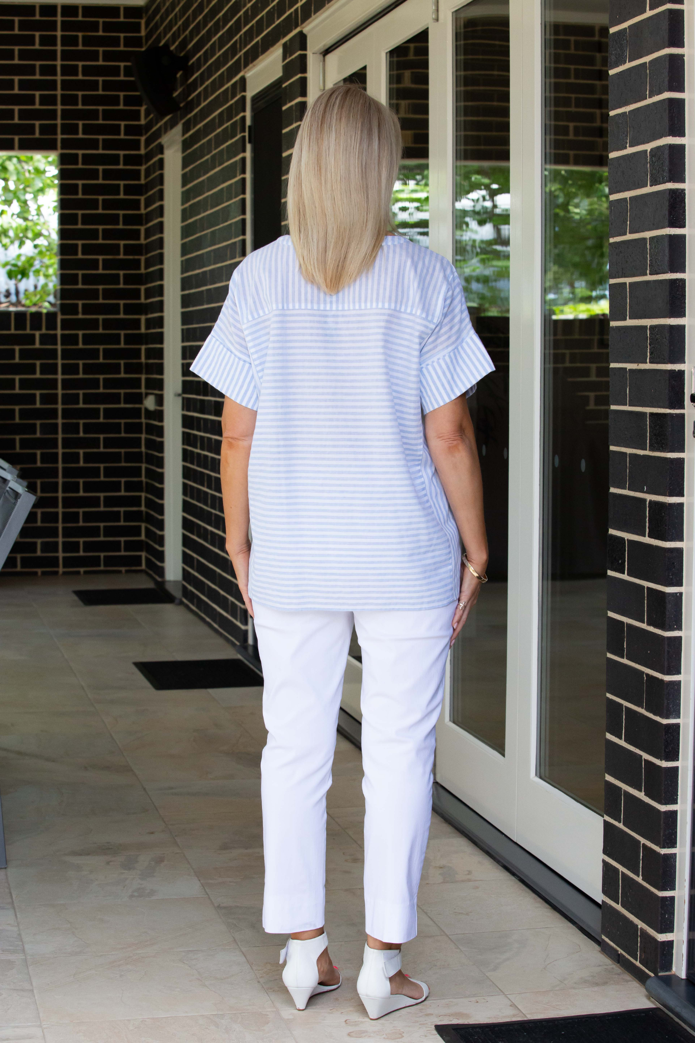 Relaxed fit Cotton Blend Contrast Stripe Extended Sleeve Top #3638 - Blue/White