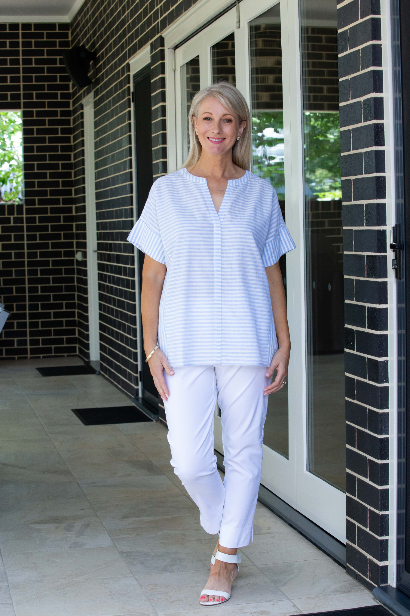 Relaxed fit Cotton Blend Contrast Stripe Extended Sleeve Top #3638 - Blue/White