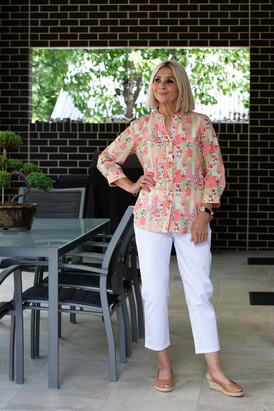 Peach Patchwork print 3/4 sleeve shirt #3751 - Peach