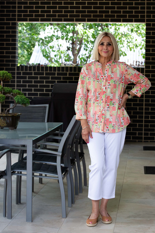 Peach Patchwork print 3/4 sleeve shirt #3751 - Peach