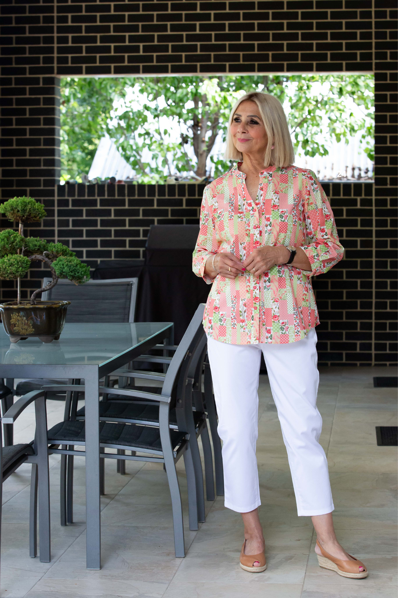 Peach Patchwork print 3/4 sleeve shirt #3751 - Peach